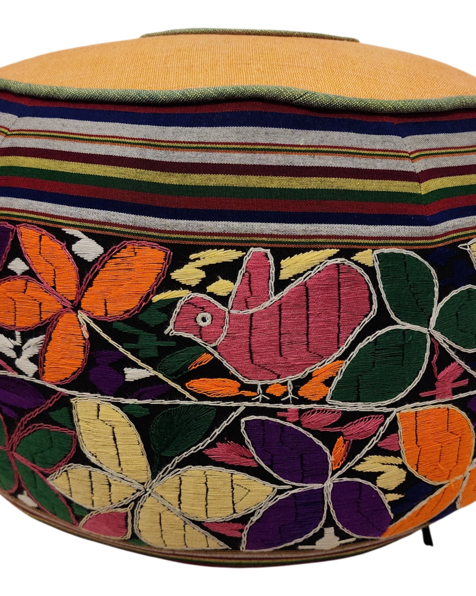 Round Pouf with Hand-Embroidered and Handwoven Fabrics - Floral Design & Yellow Top