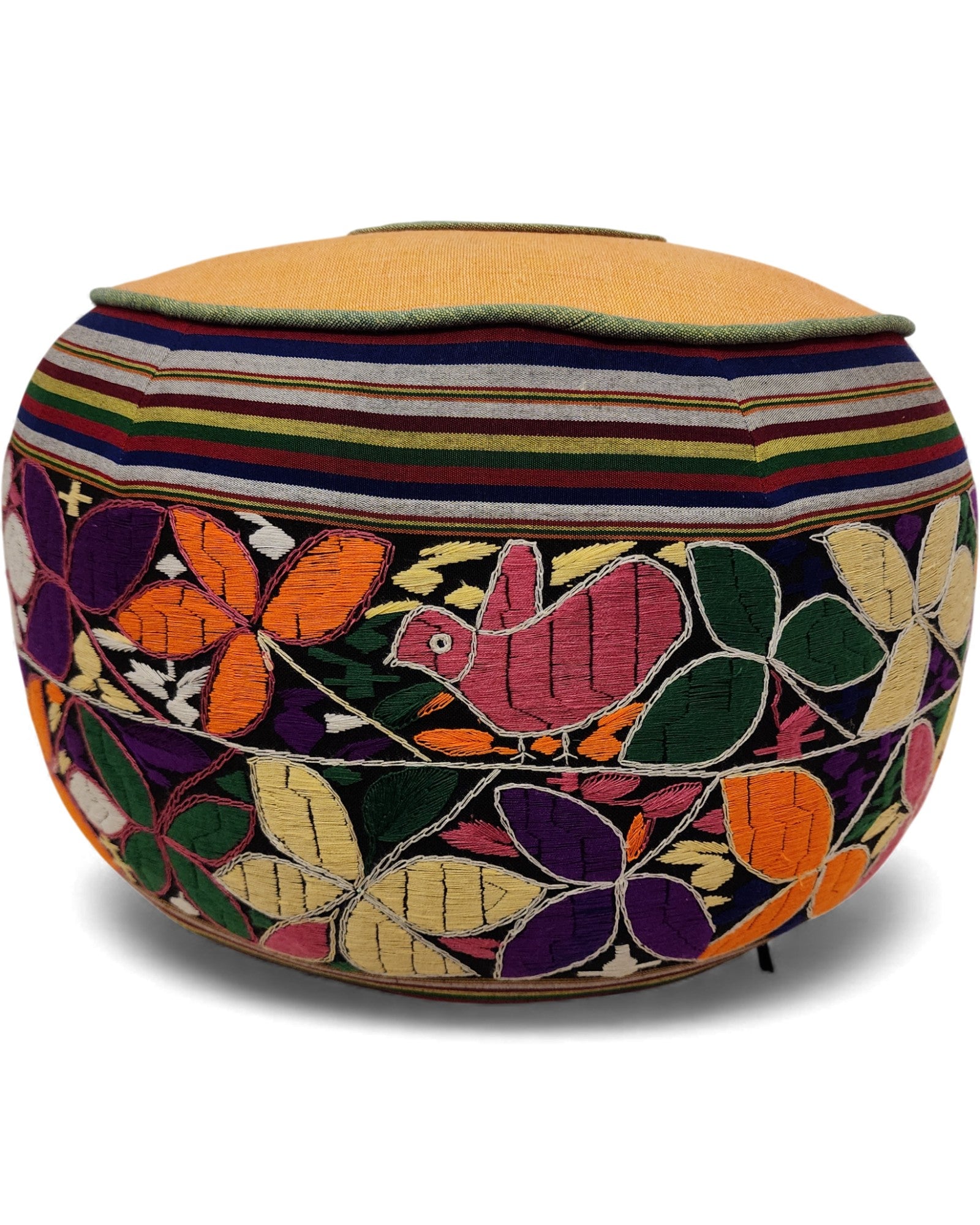 Round Pouf with Hand-Embroidered and Handwoven Fabrics - Floral Design & Yellow Top