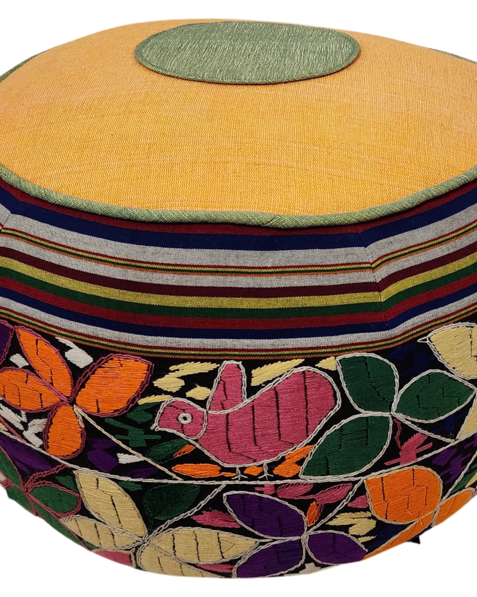 Round Pouf with Hand-Embroidered and Handwoven Fabrics - Floral Design & Yellow Top