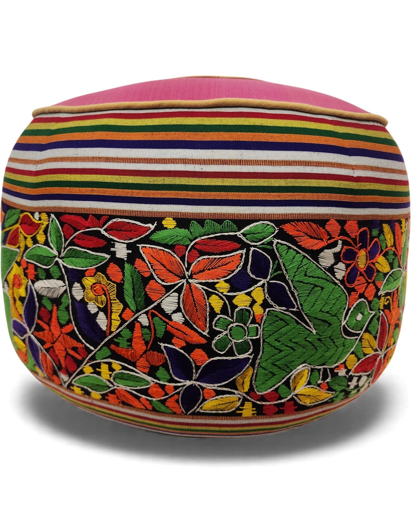 Round Pouf with Hand-Embroidered and Handwoven Fabrics - Floral Design & Pink Top