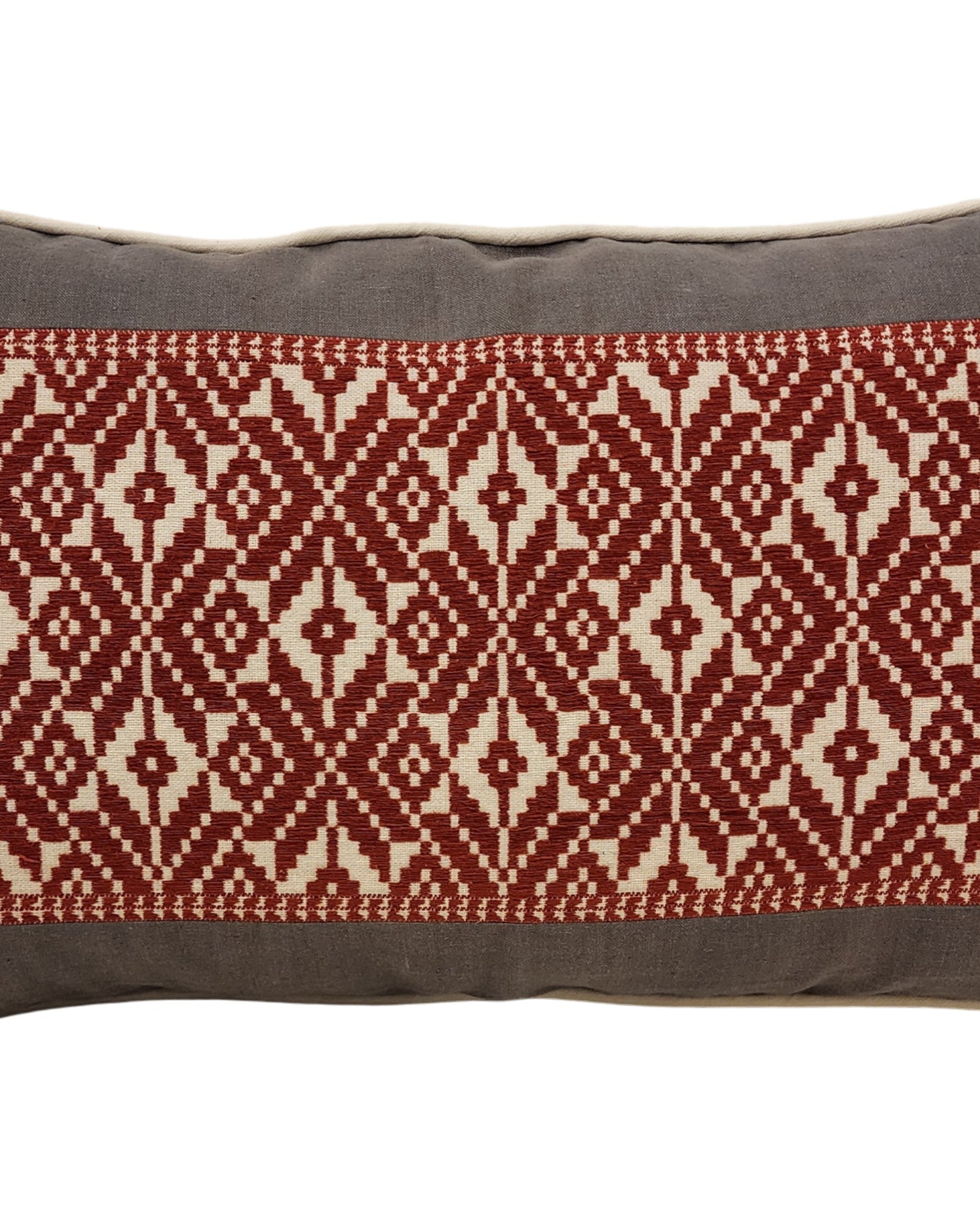 Handwoven Khit Lumbar Cushion - Grey & Red