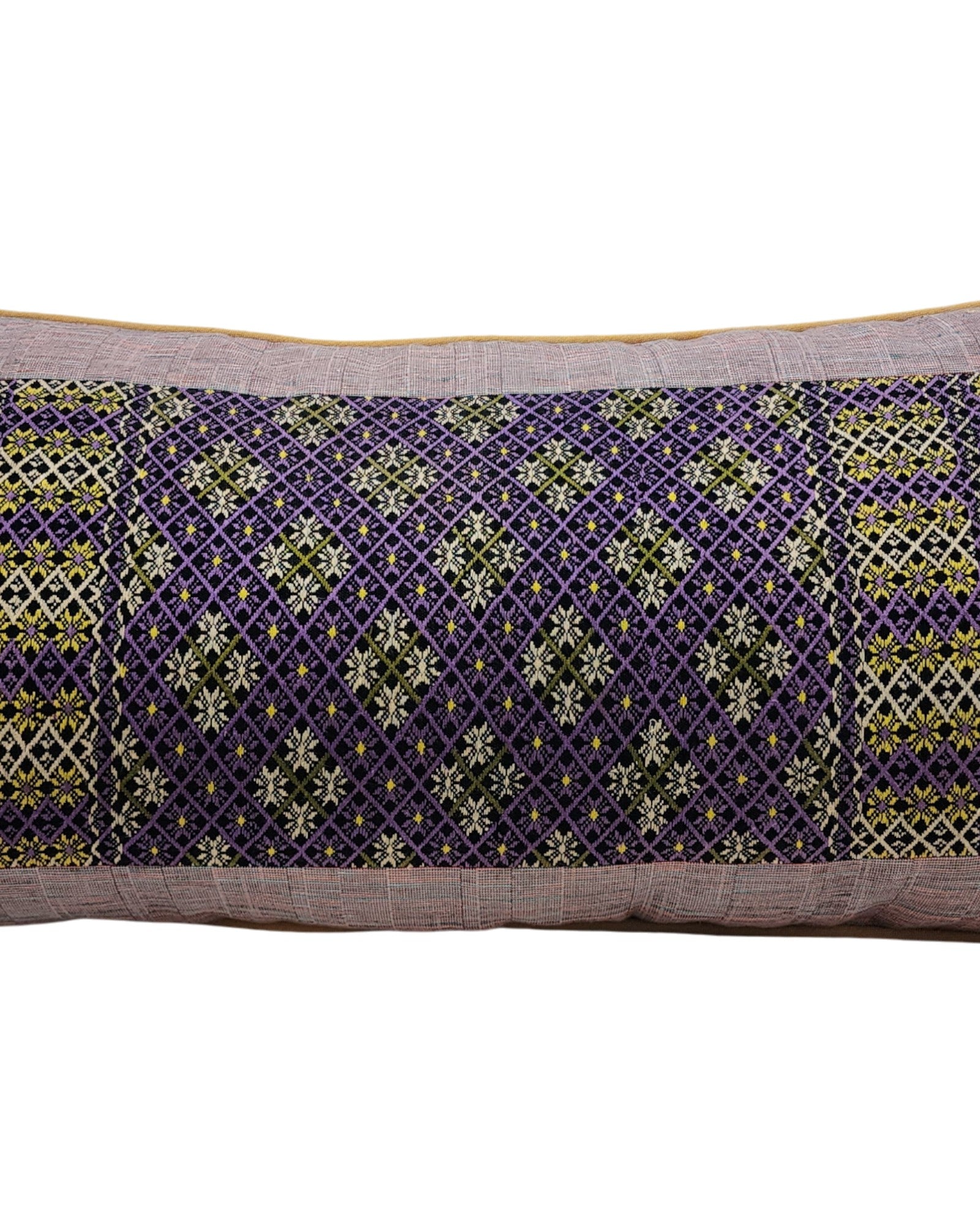 Lumba Cushion with Karen Hilltribe Centrepiece, Multicoloured piping - Light Purple