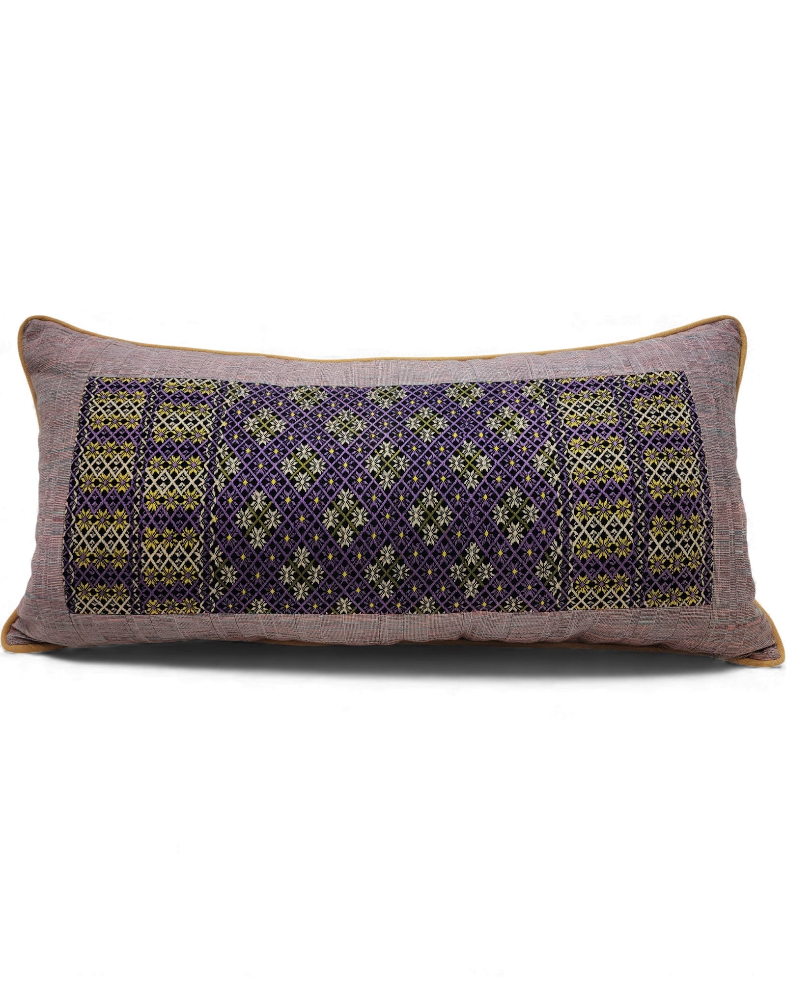 Lumba Cushion with Karen Hilltribe Centrepiece, Multicoloured piping - Light Purple