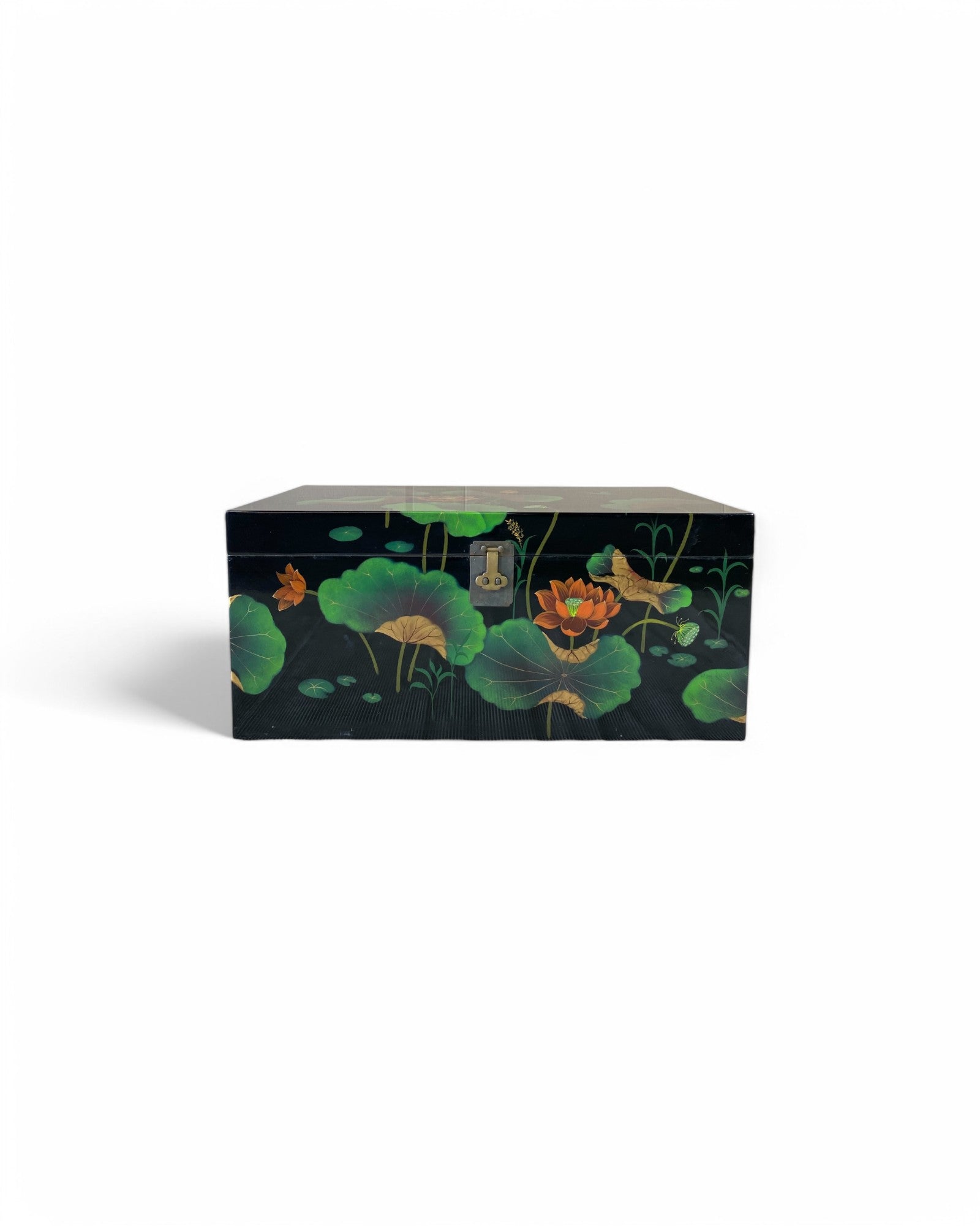 Oriental Lotus Flower Lacquered Hand Painted Black Chest
