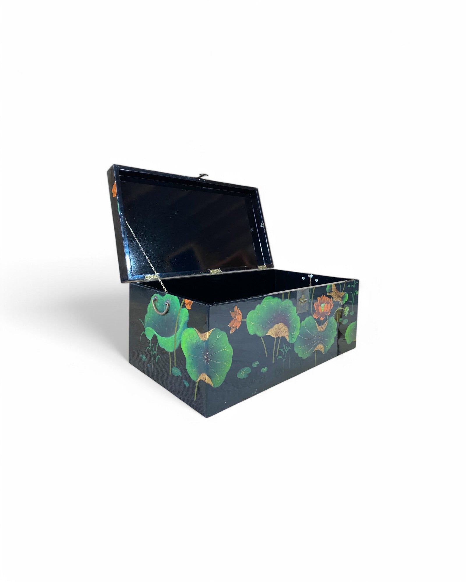 Oriental Lotus Flower Lacquered Hand Painted Black Chest