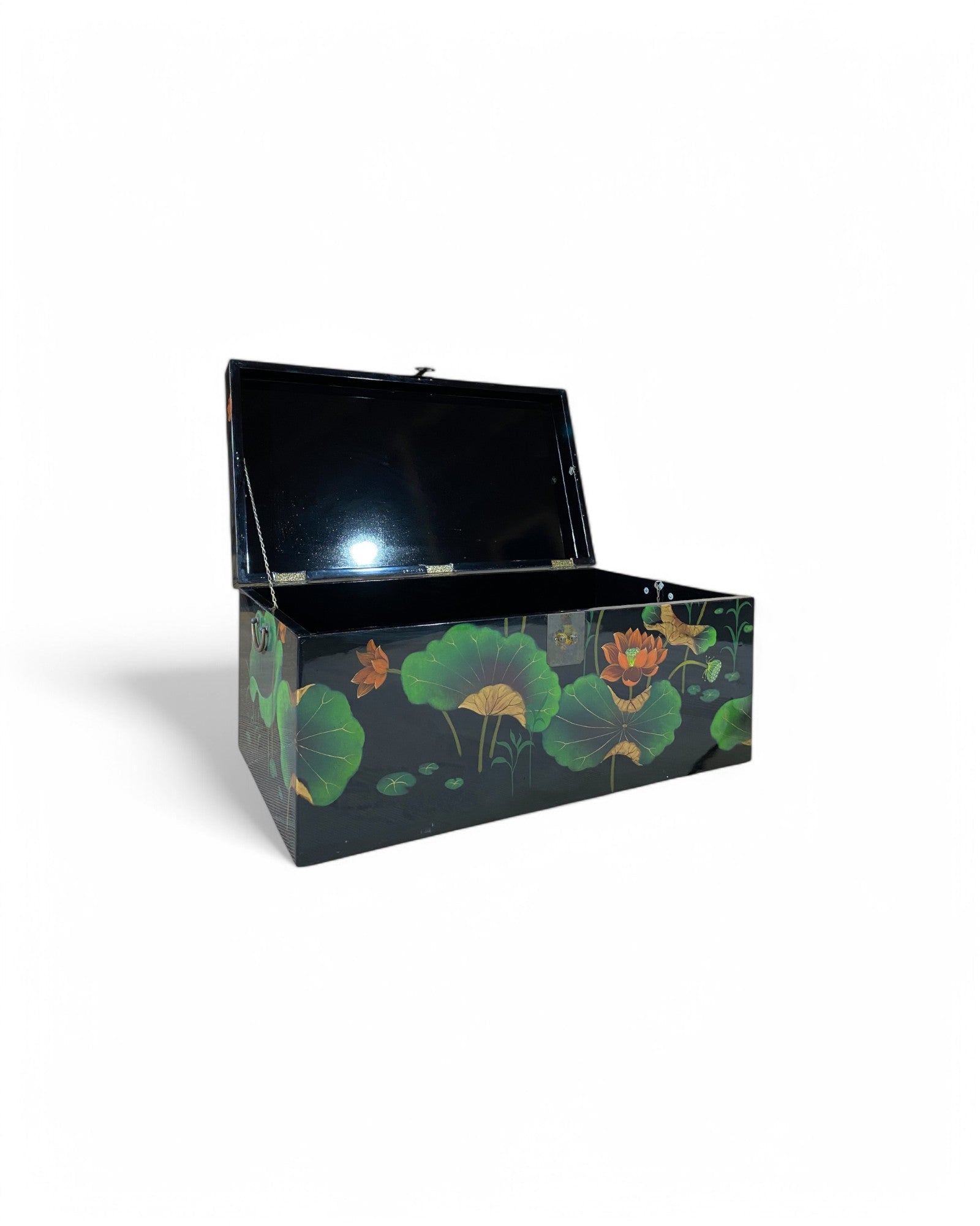 Oriental Lotus Flower Lacquered Hand Painted Black Chest