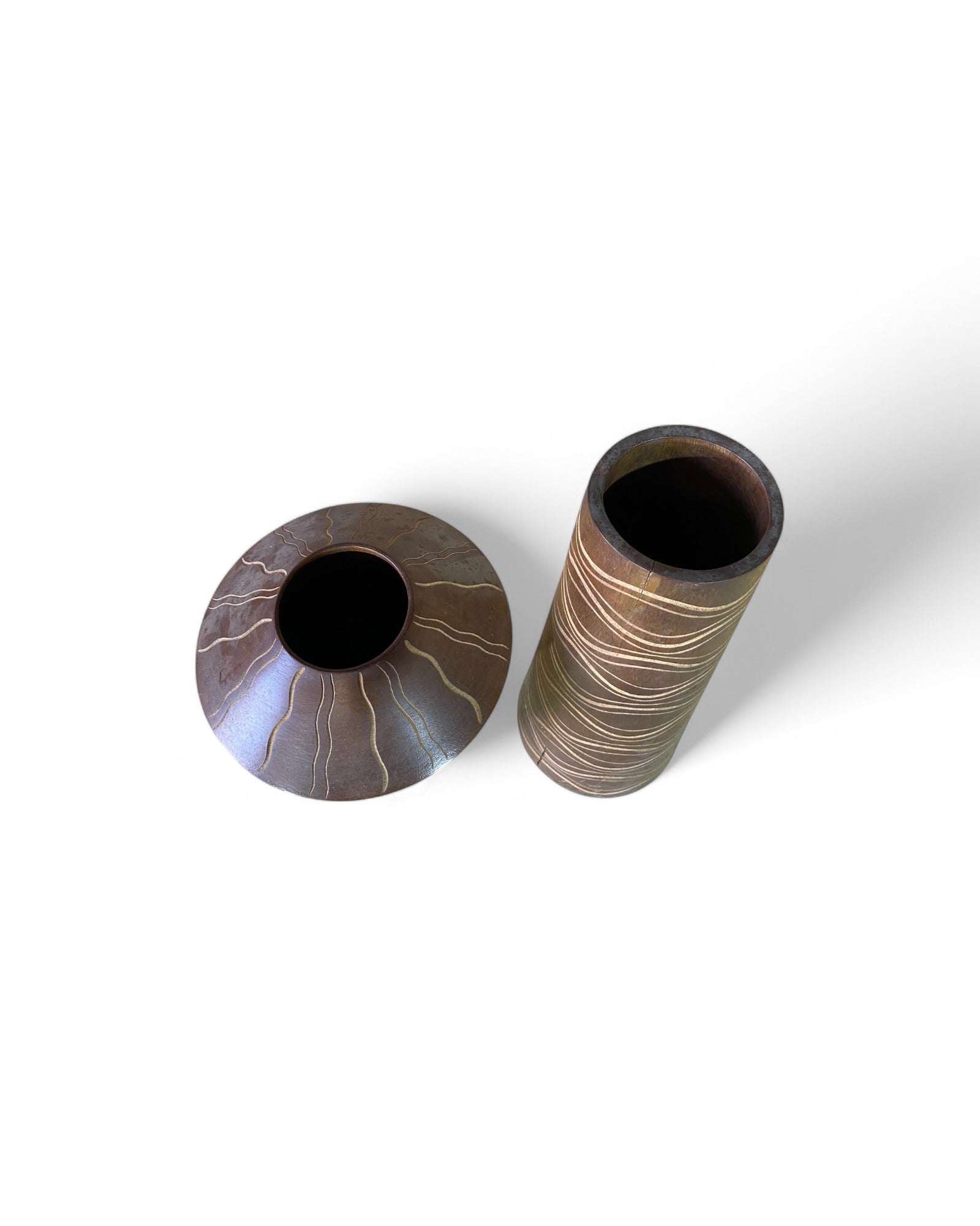 African Carved Pattern Wooden Vases - Set of 2