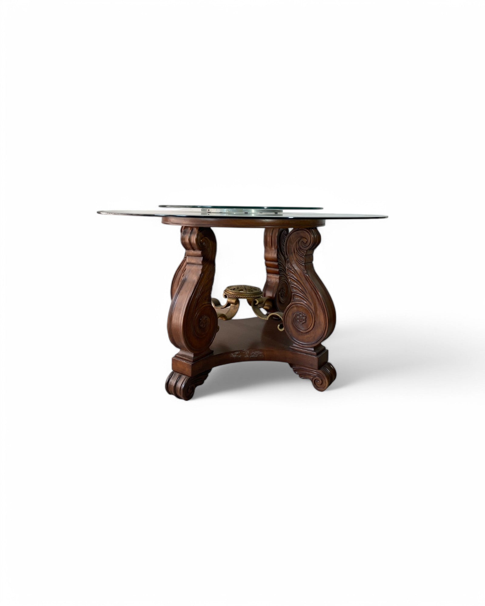 Oriental Wooden Base Dining Table with Double Layered Glass Rotating Top