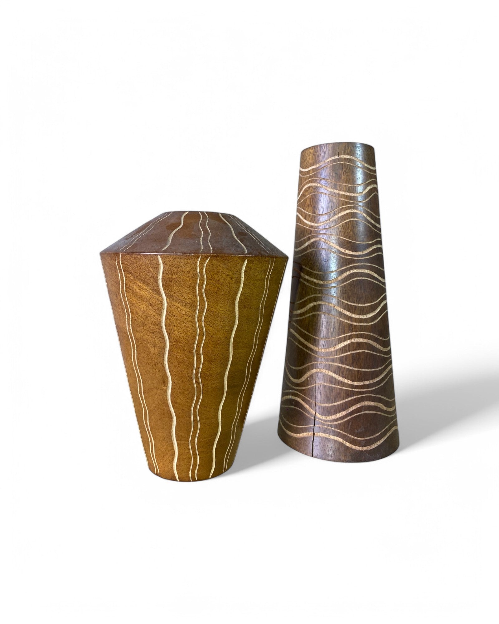 African Carved Pattern Wooden Vases - Set of 2