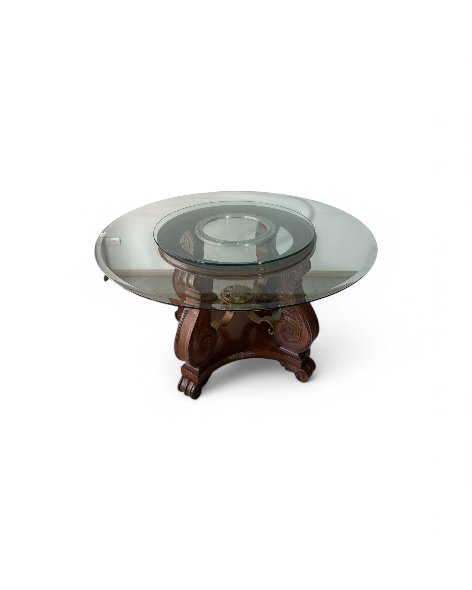 Oriental Wooden Base Dining Table with Double Layered Glass Rotating Top