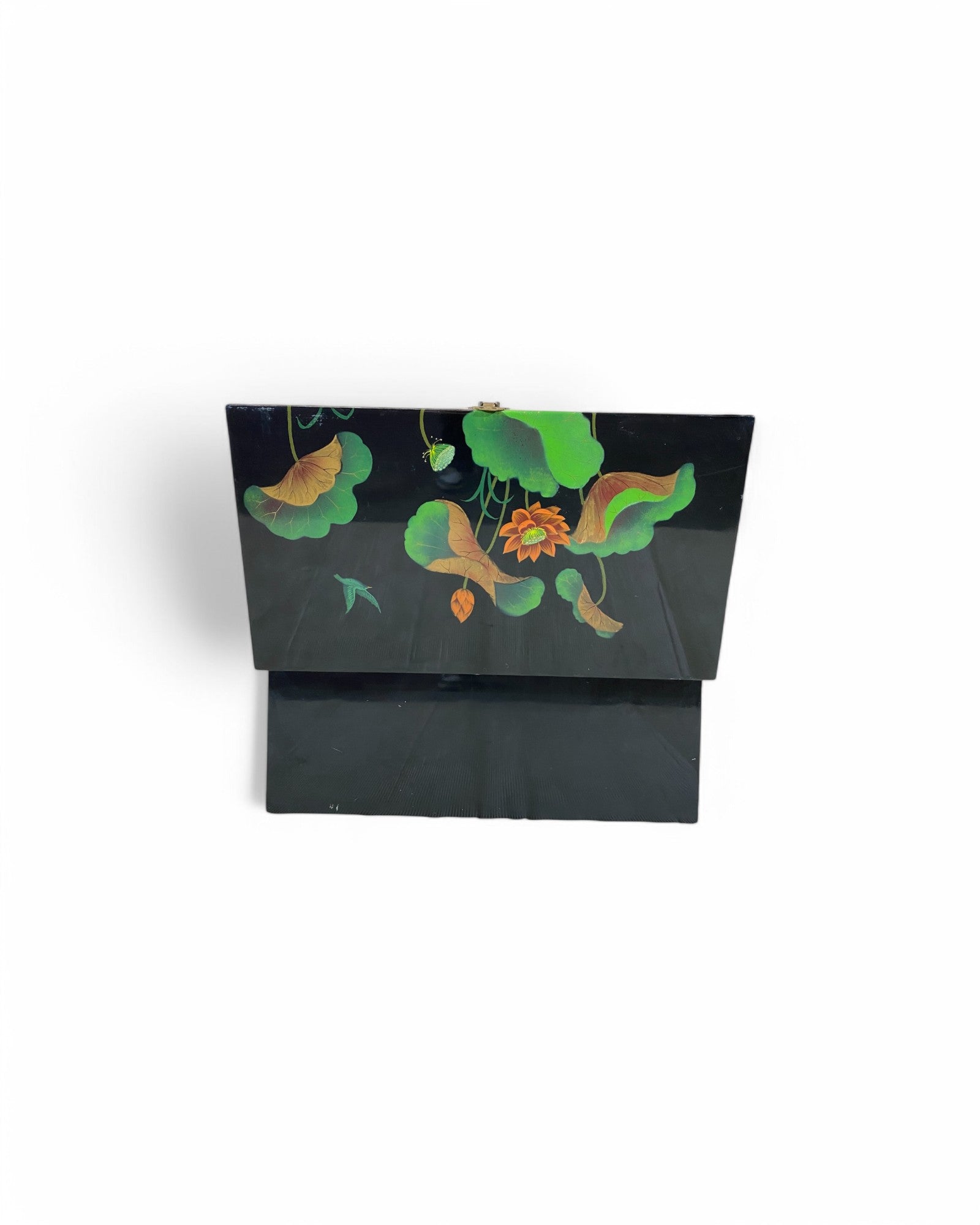 Oriental Lotus Flower Lacquered Hand Painted Black Chest