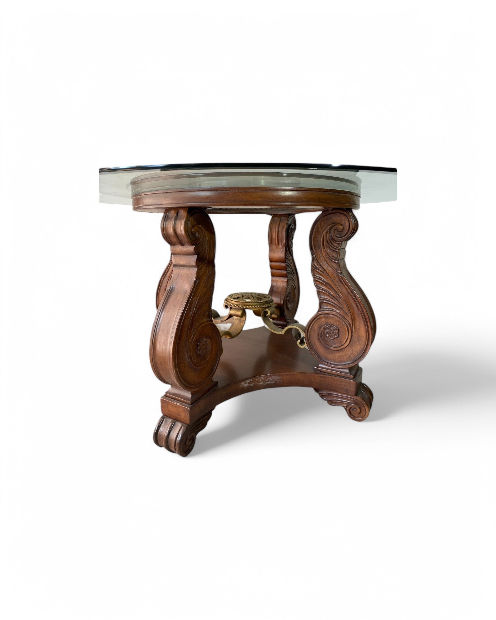 Oriental Wooden Base Dining Table with Double Layered Glass Rotating Top