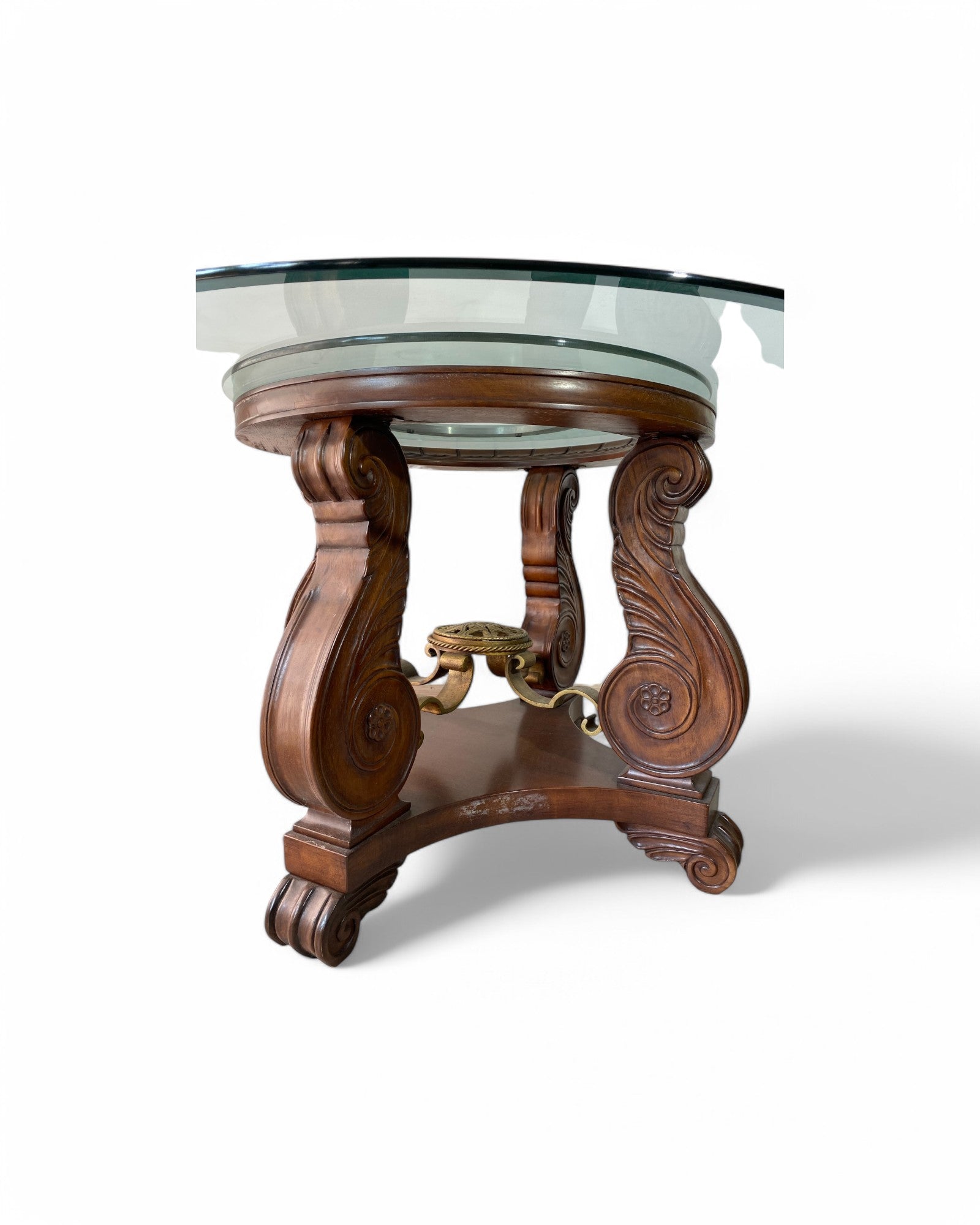 Oriental Wooden Base Dining Table with Double Layered Glass Rotating Top