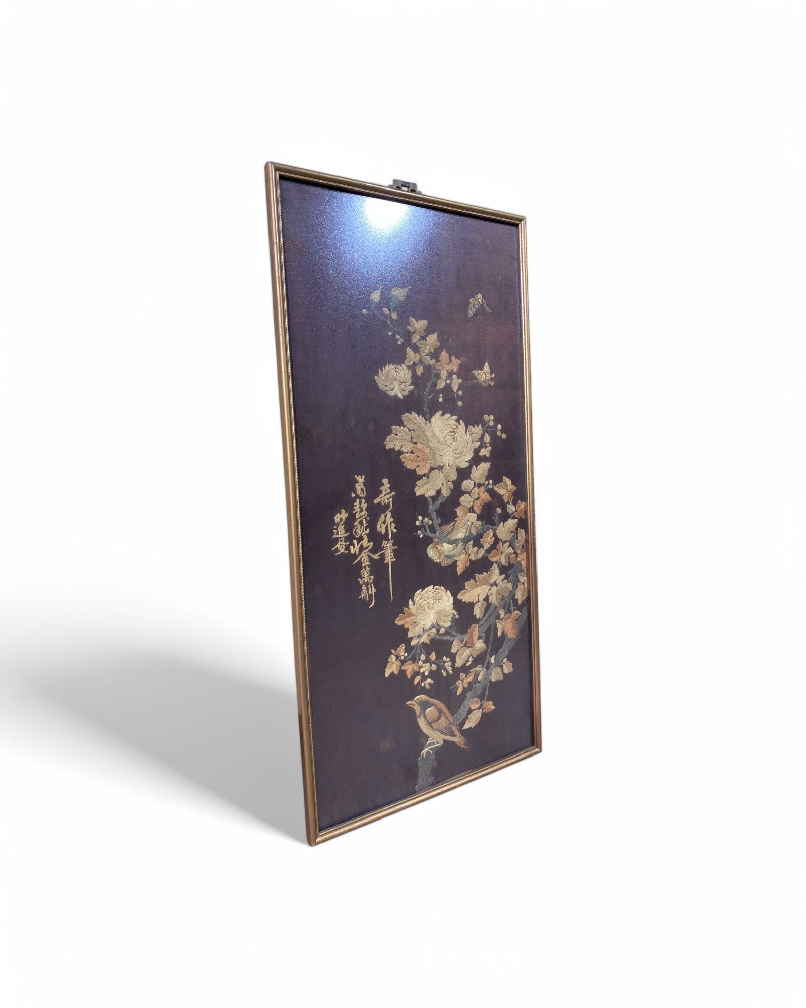 Vintage Chinese Floral Embroidered Silk Panel with Golden Frame