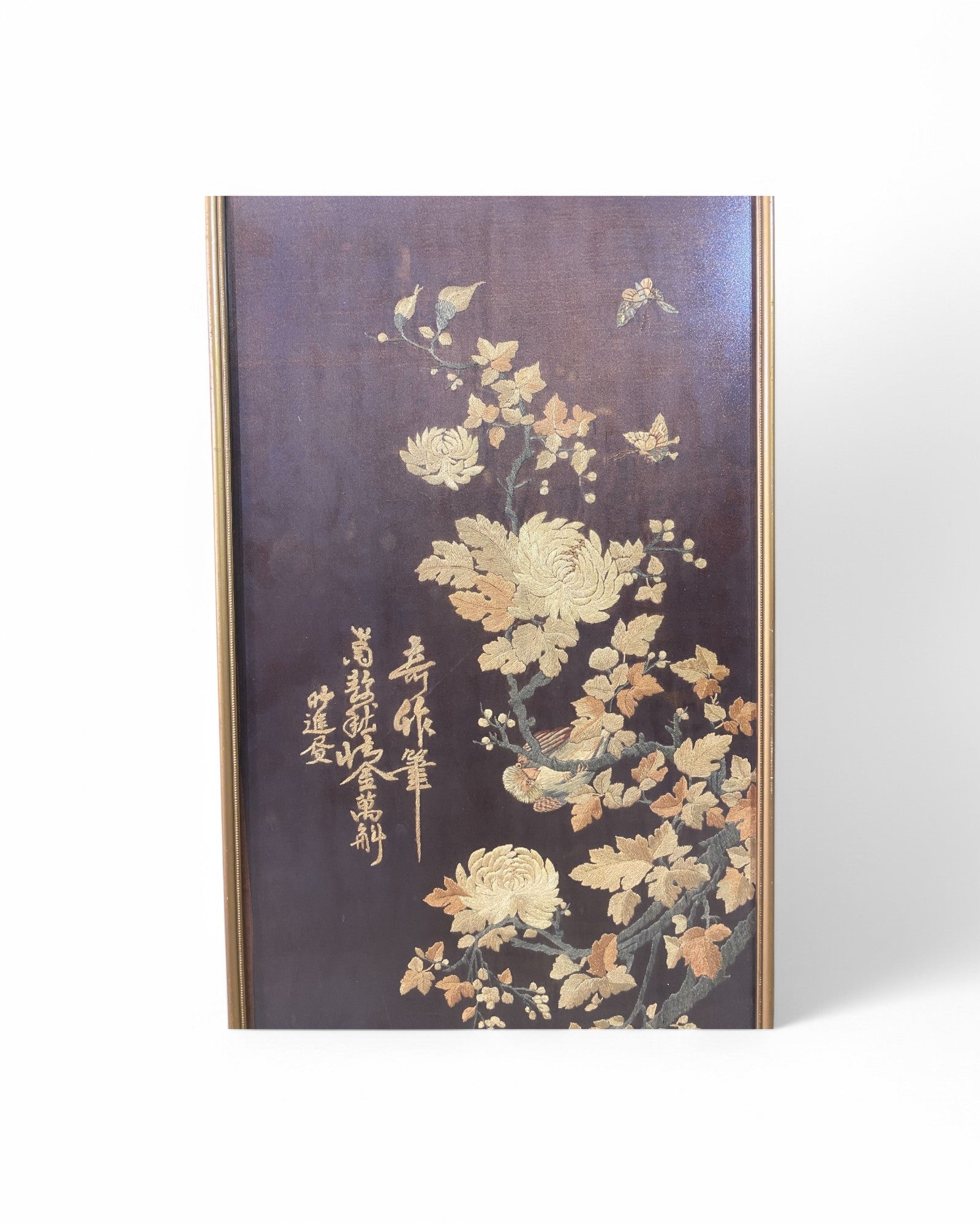 Vintage Chinese Floral Embroidered Silk Panel with Golden Frame