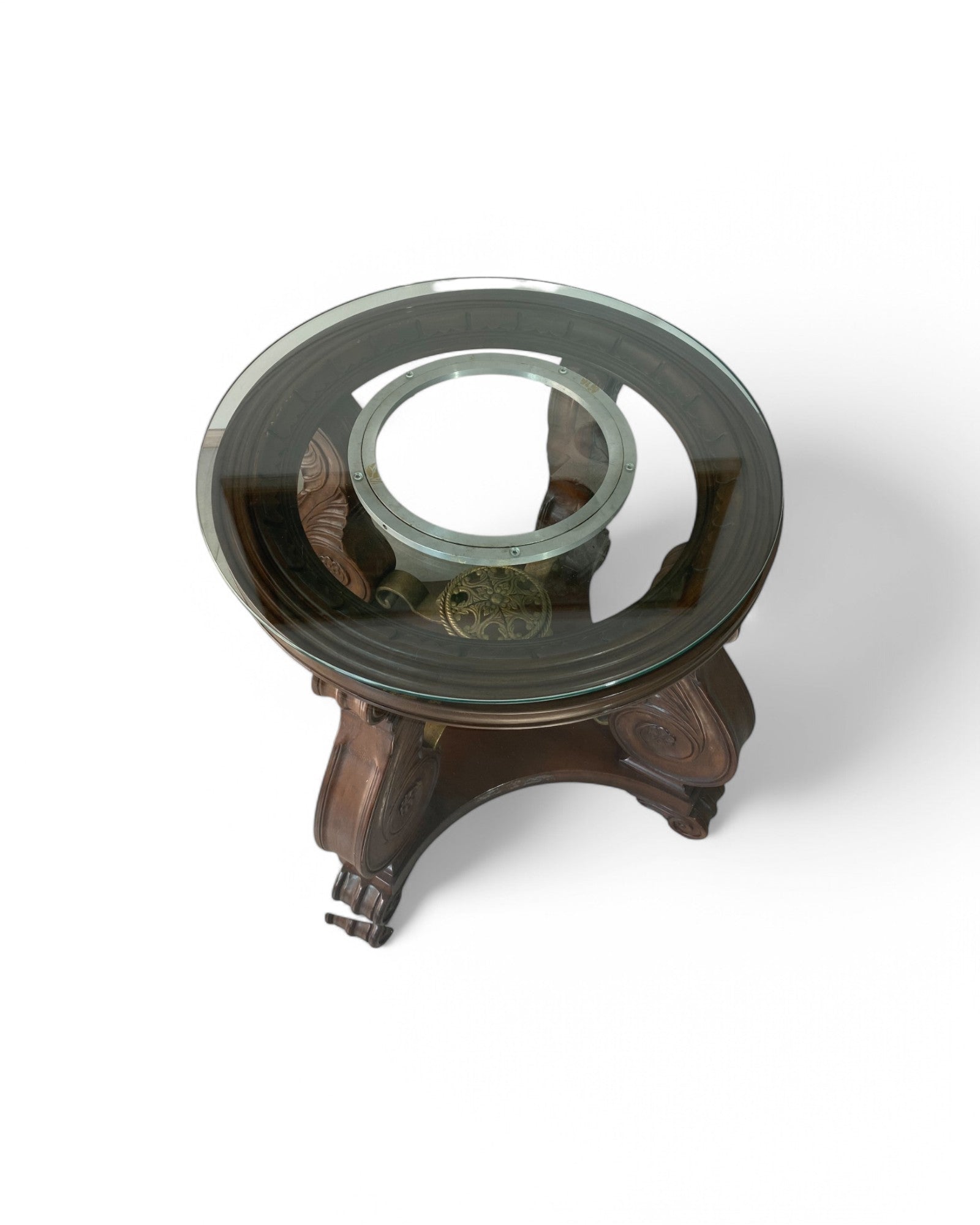 Oriental Wooden Base Dining Table with Double Layered Glass Rotating Top