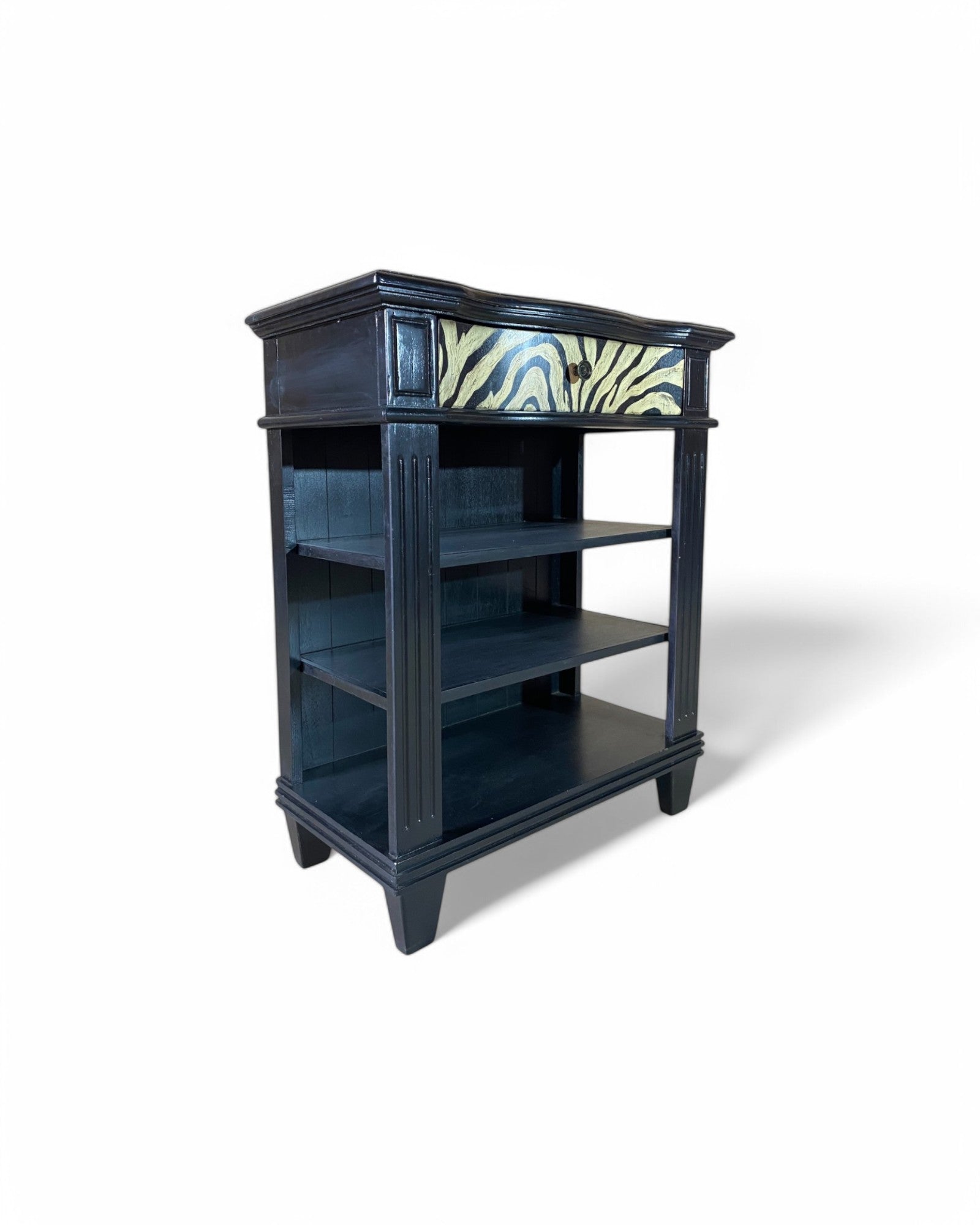 Zebra Striped Shelved Drawer Black Console Table