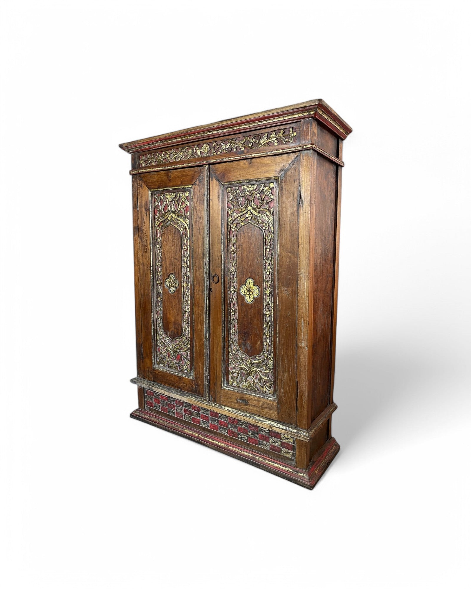 Ornate hand carved double door wardrobe with gold painted floral and vine detailing