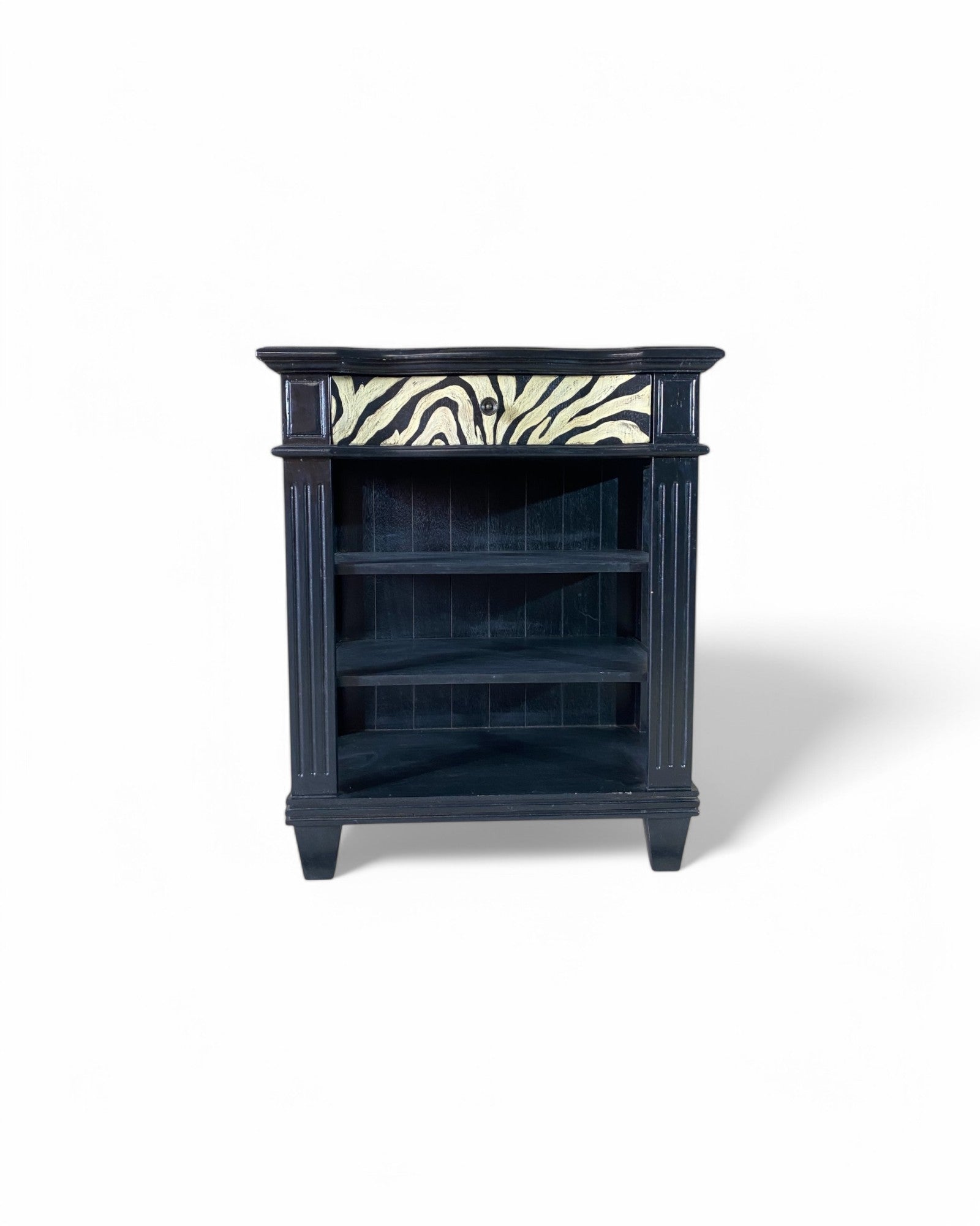 Zebra Striped Shelved Drawer Black Console Table