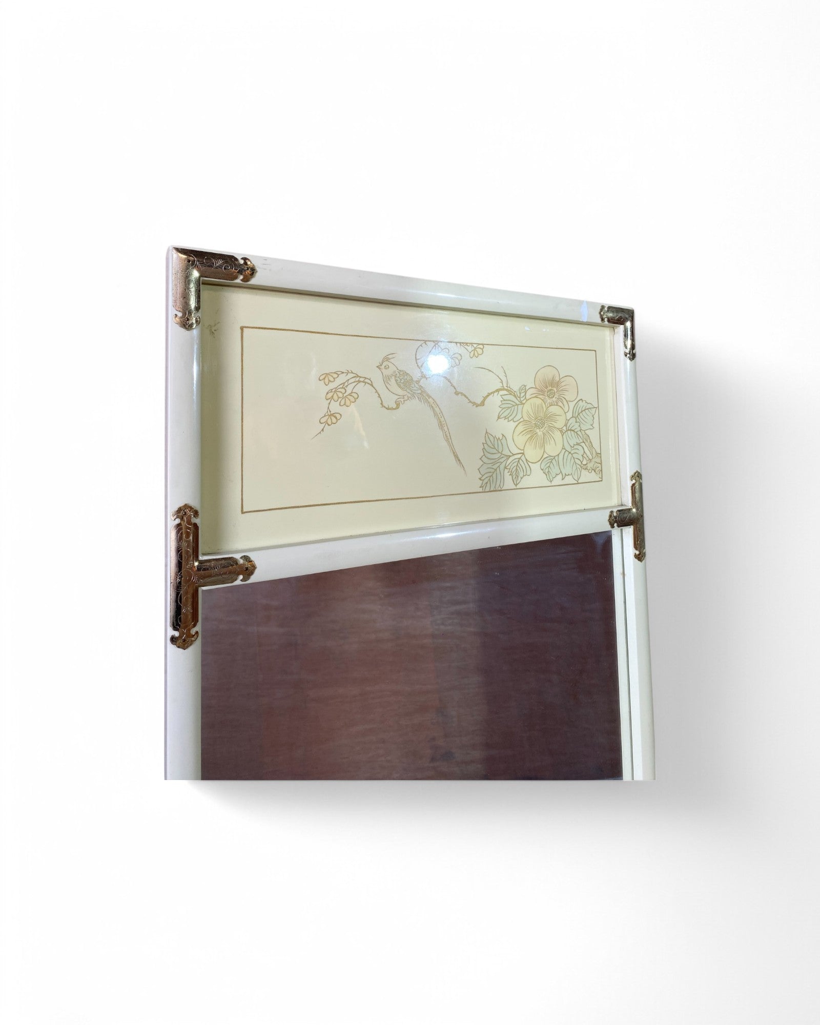 Korean Hand Painted Mirror with Metal Framed Accents, Cream