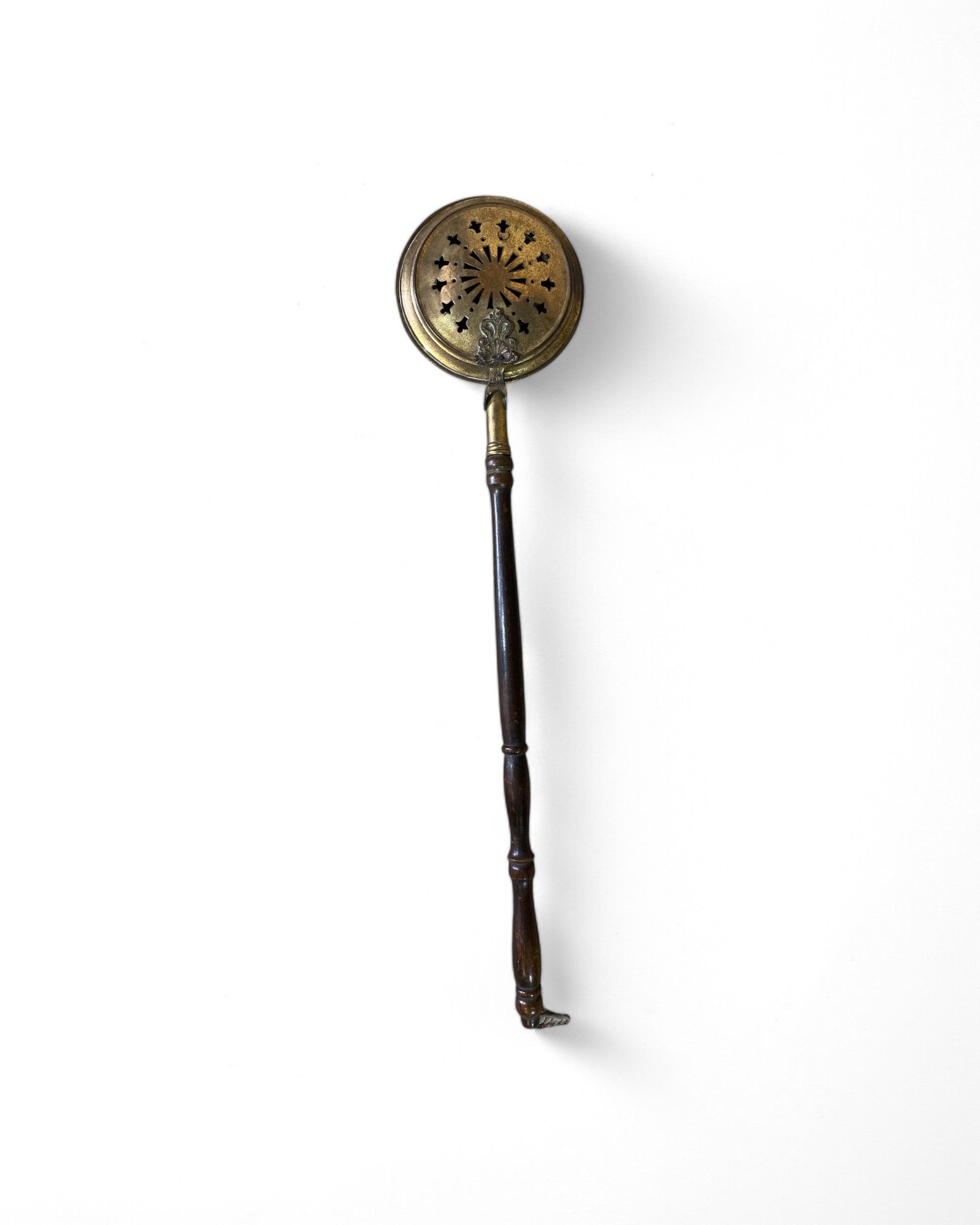 Antique Copper Bedwarmer with Ornate Lid and Wooden Handle