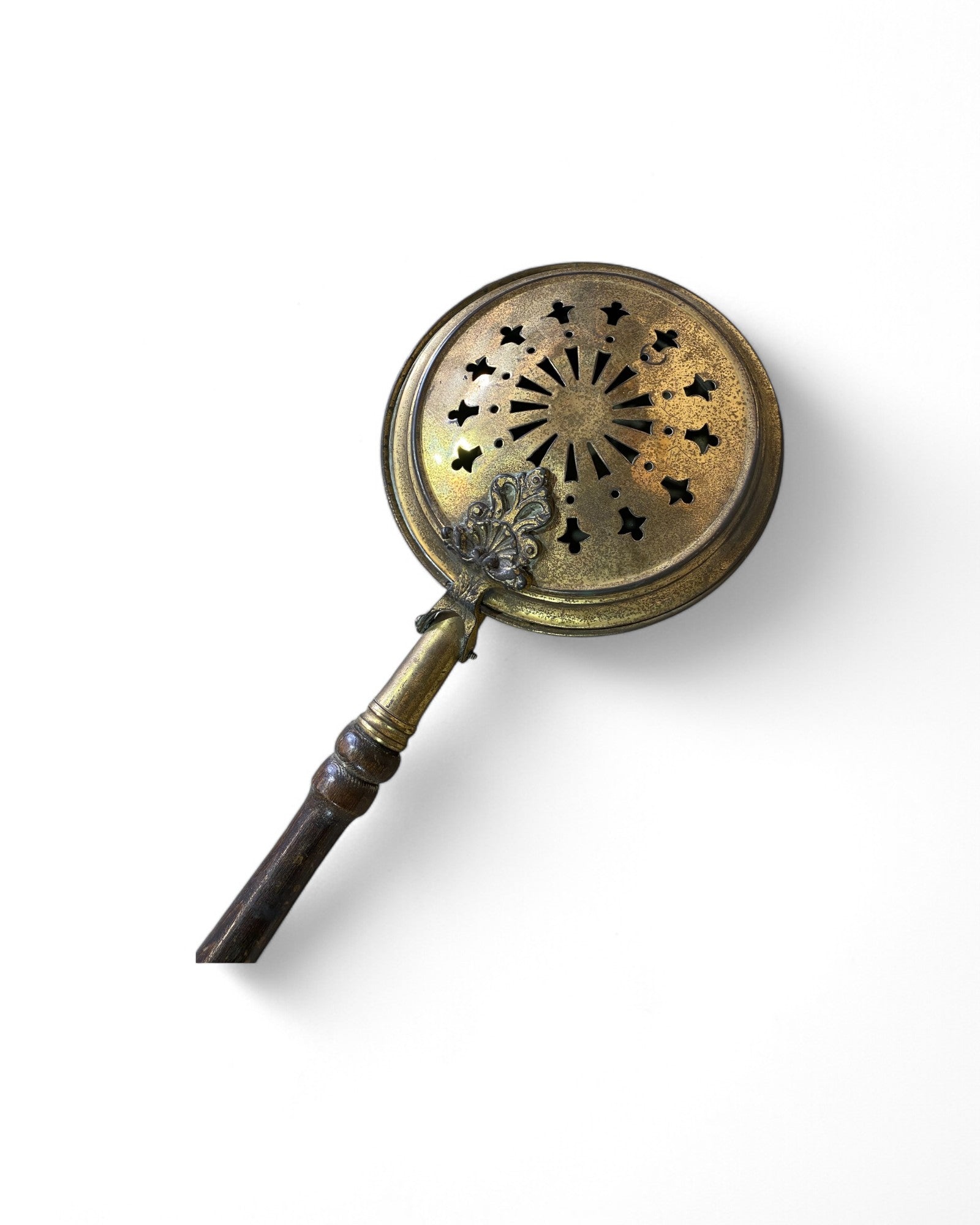 Antique Copper Bedwarmer with Ornate Lid and Wooden Handle