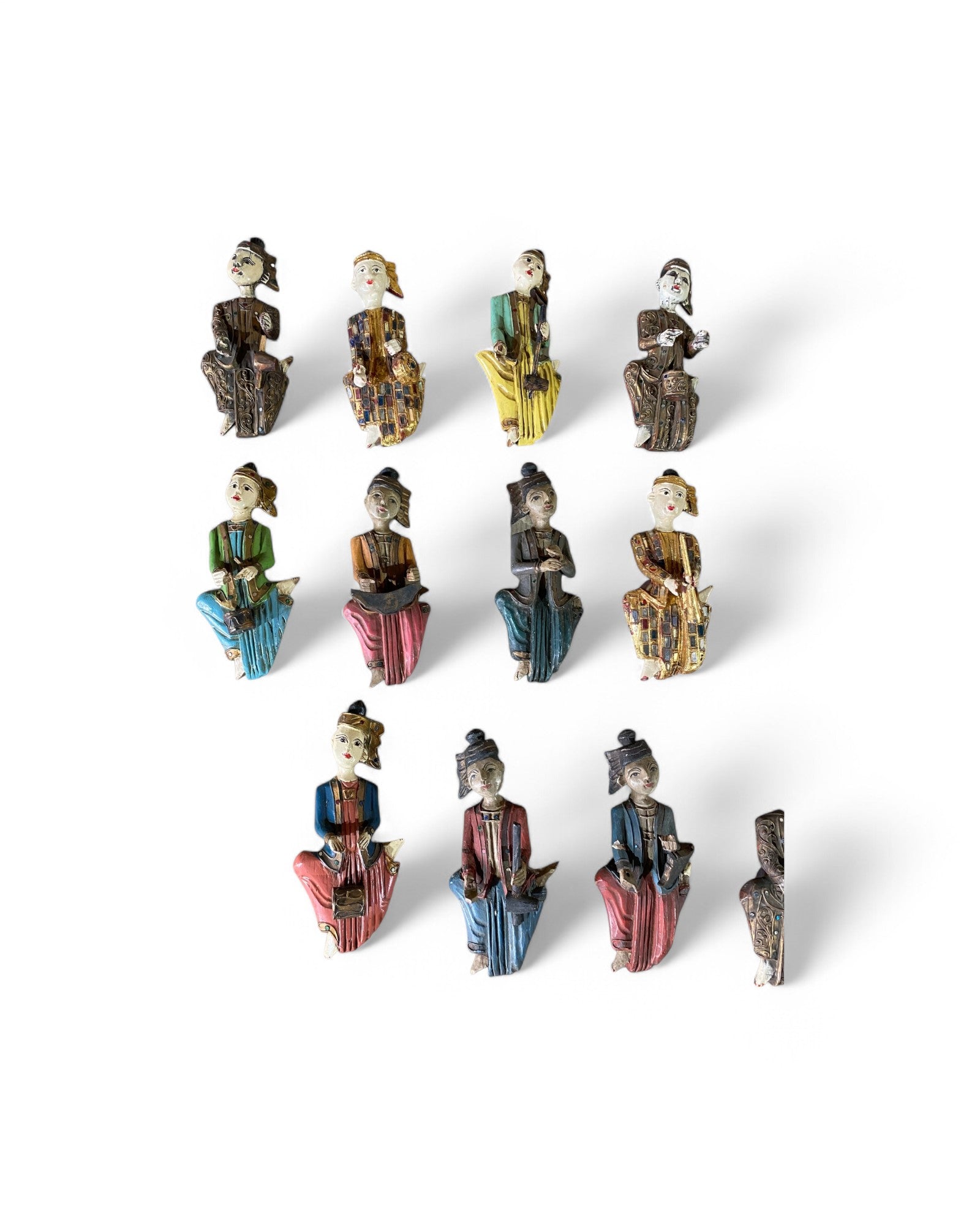 Thai Musician Wooden Carved Dolls - Set of 16