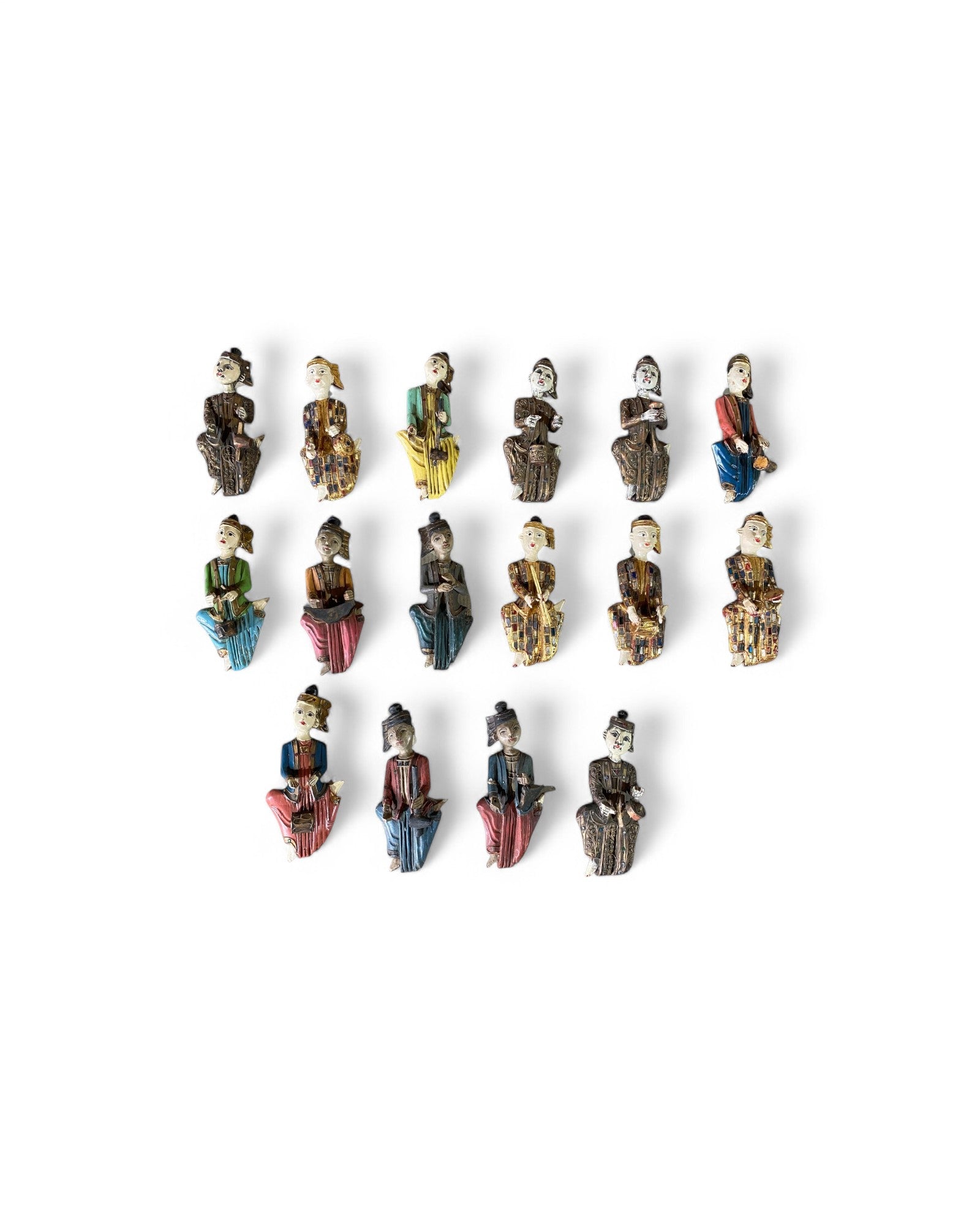 Thai Musician Wooden Carved Dolls - Set of 16