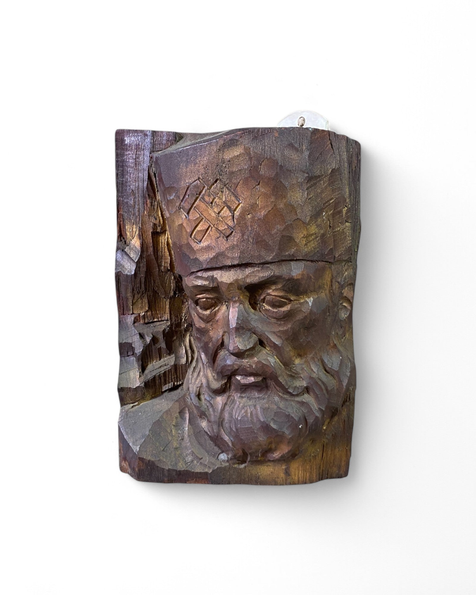 Soviet Warrior Face Carved Wood Block Sculpture