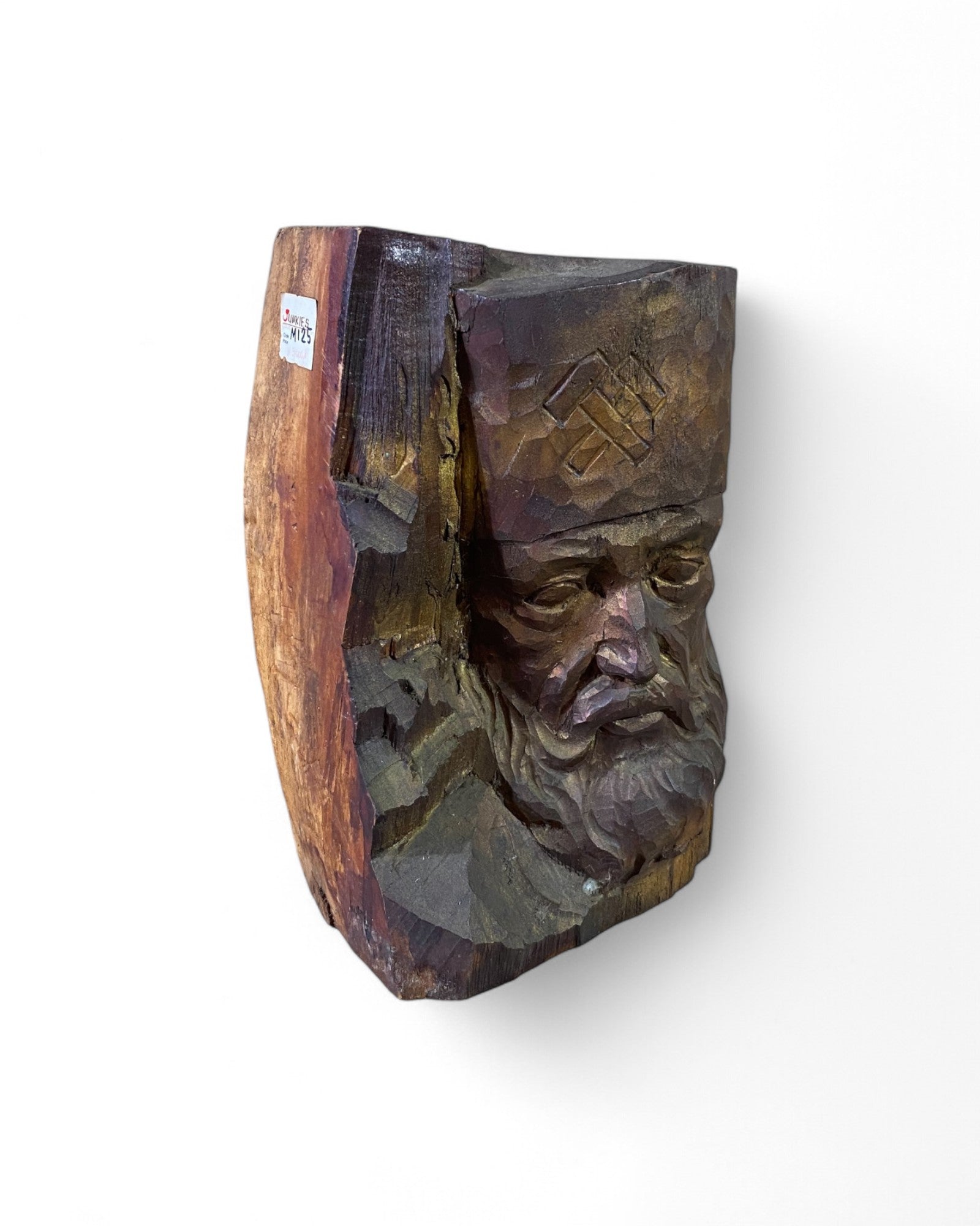 Soviet Warrior Face Carved Wood Block Sculpture