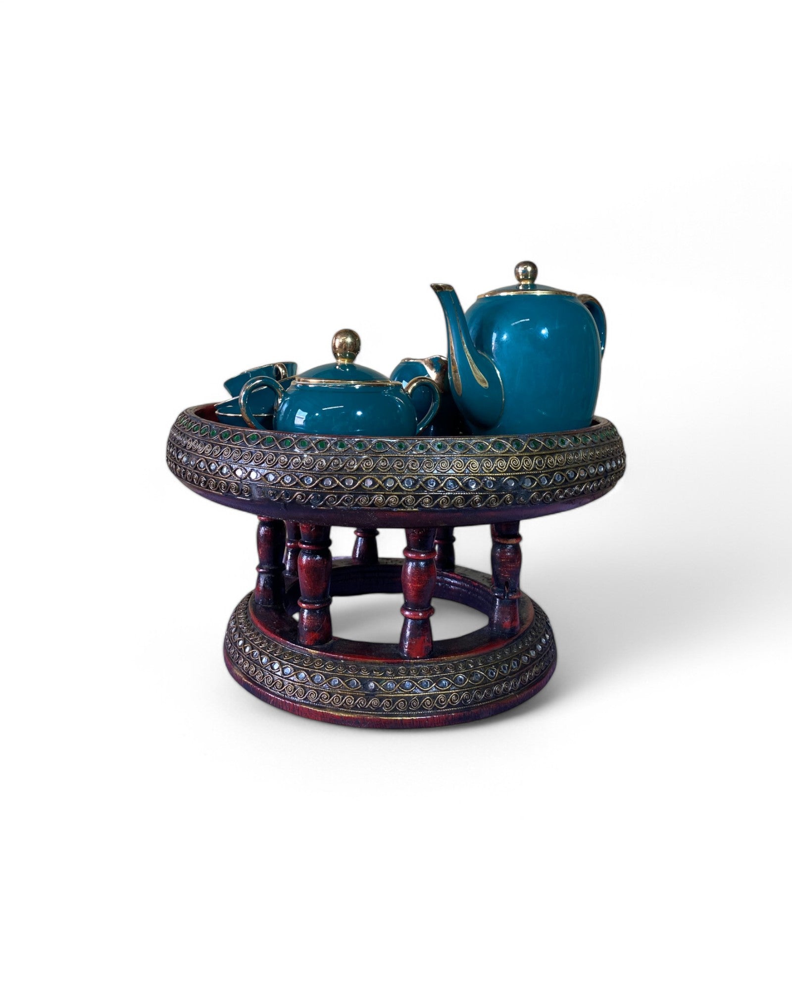 Kan Tok' Siam Painted Wooden Pedestal Tray with Teal Porcelain Tea Set