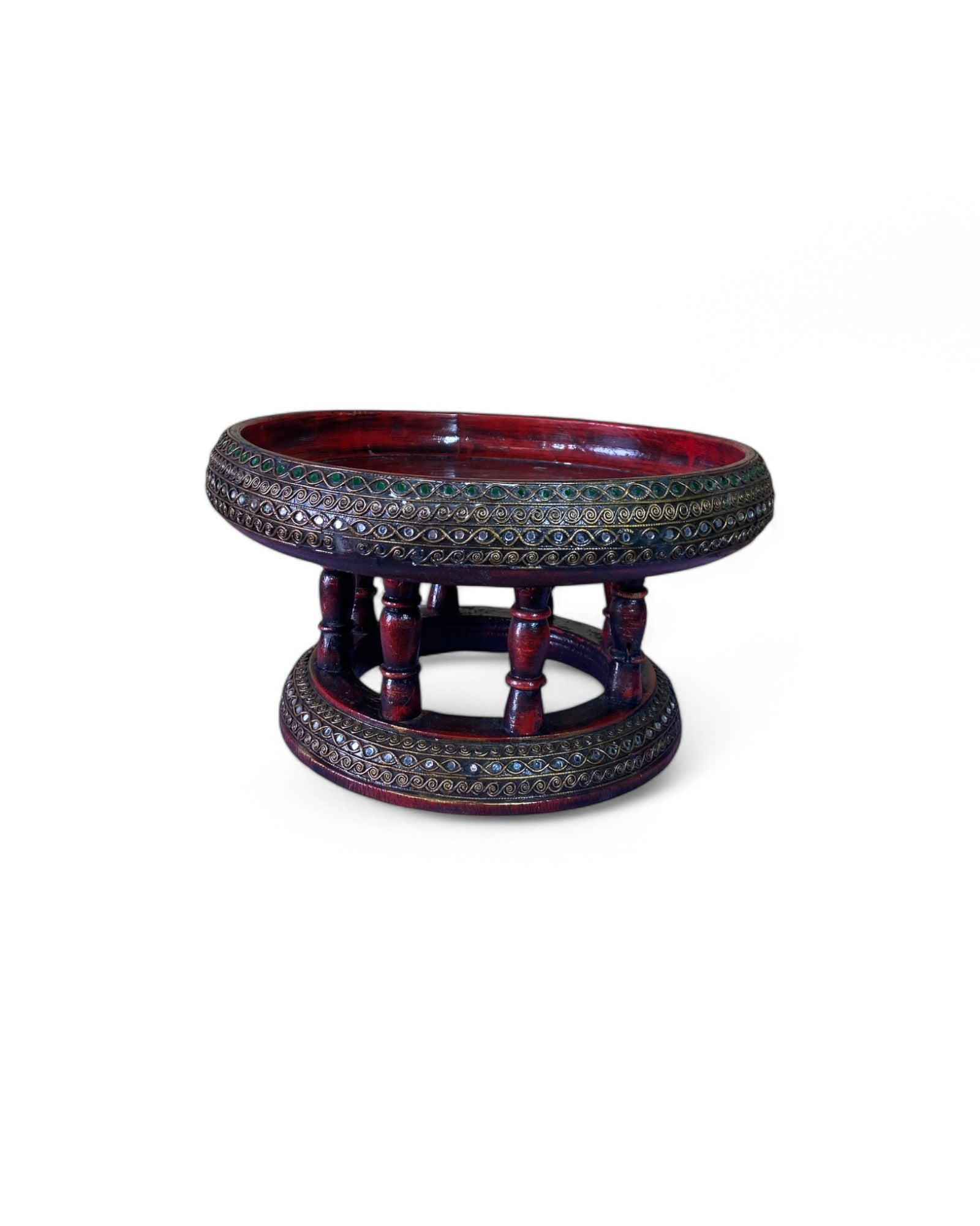 Kan Tok' Siam Painted Wooden Pedestal Tray with Teal Porcelain Tea Set