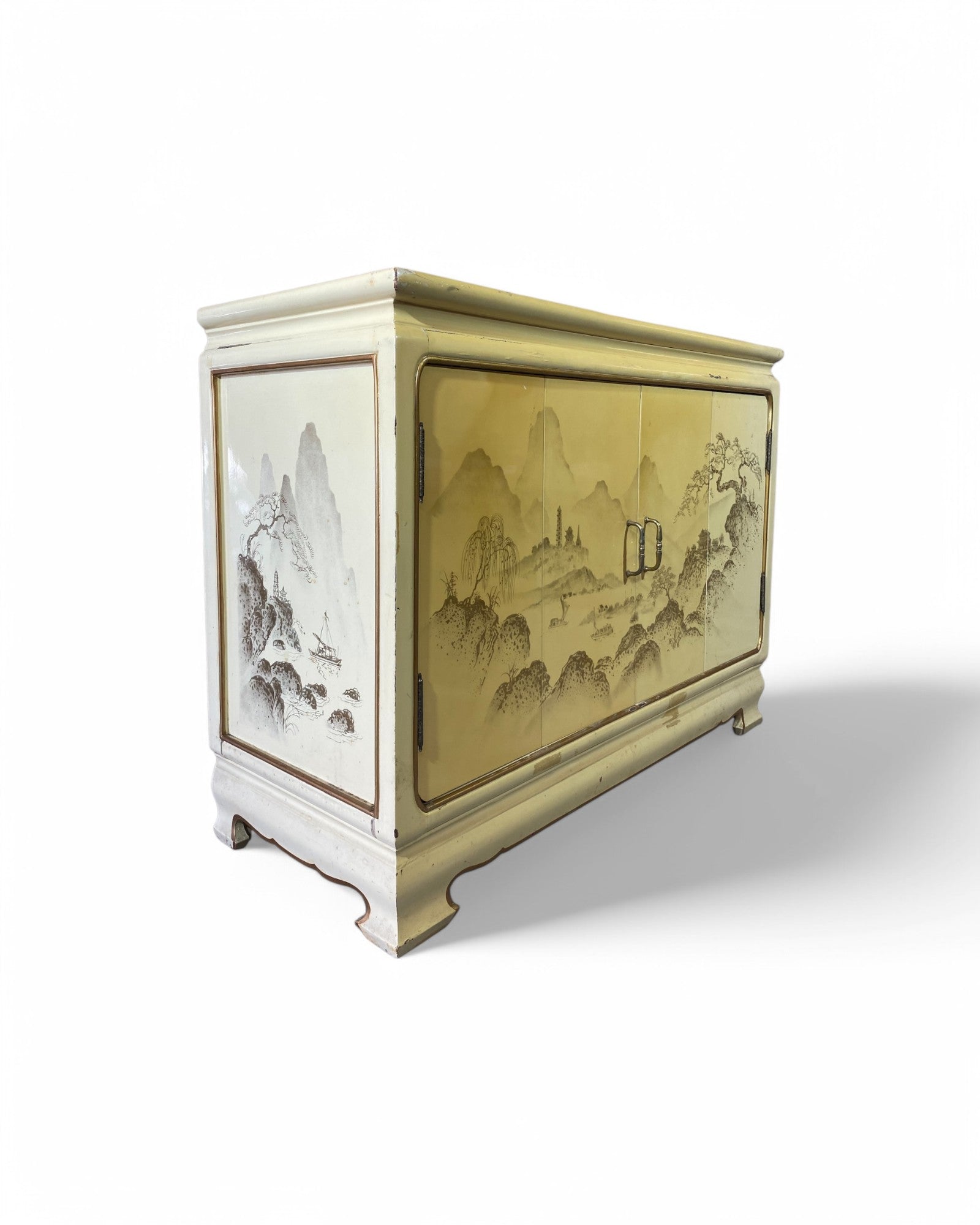 Korean Accordion Door Sideboard with Scenic Hand Painted Artwork, Cream