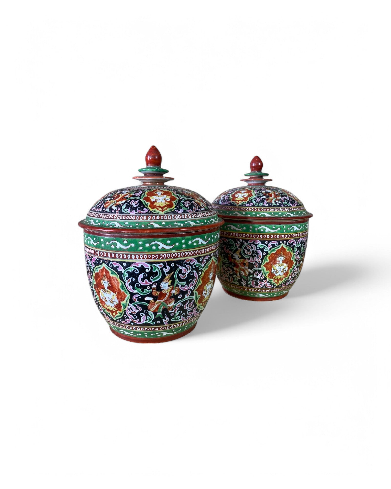 Antique Thai Benjarong 'เบญจรงค์' Porcelain Pots - Set of 2