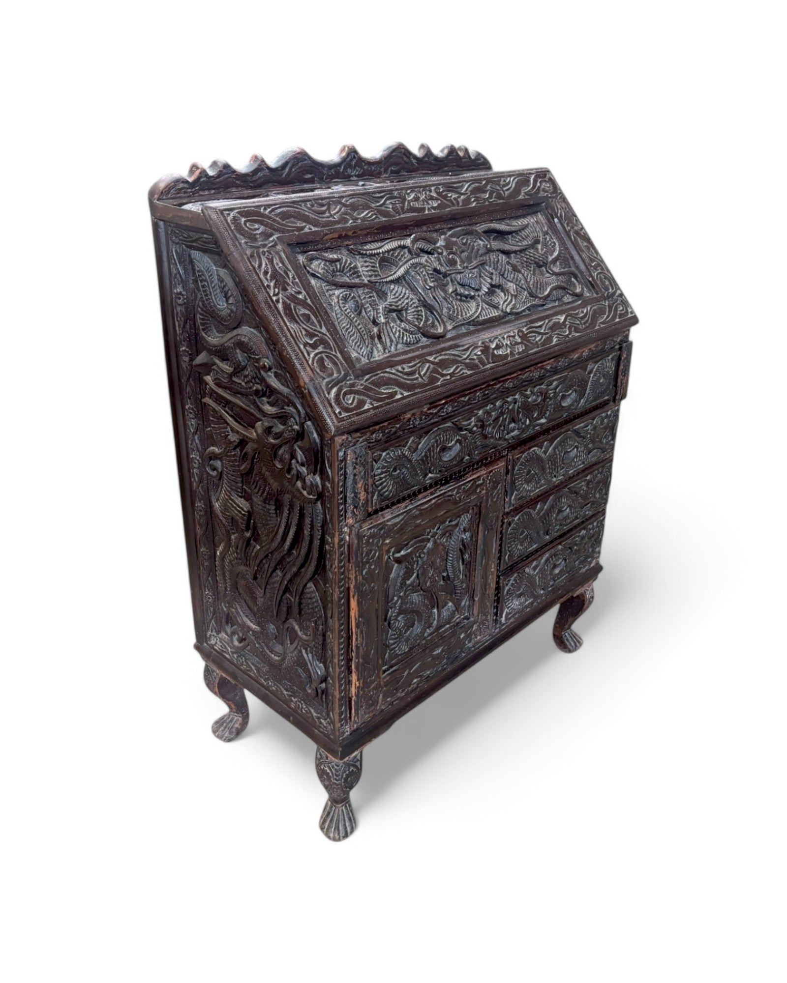 Anglo-Indian Dragon Carved Walnut Antique Bureau Writing Desk