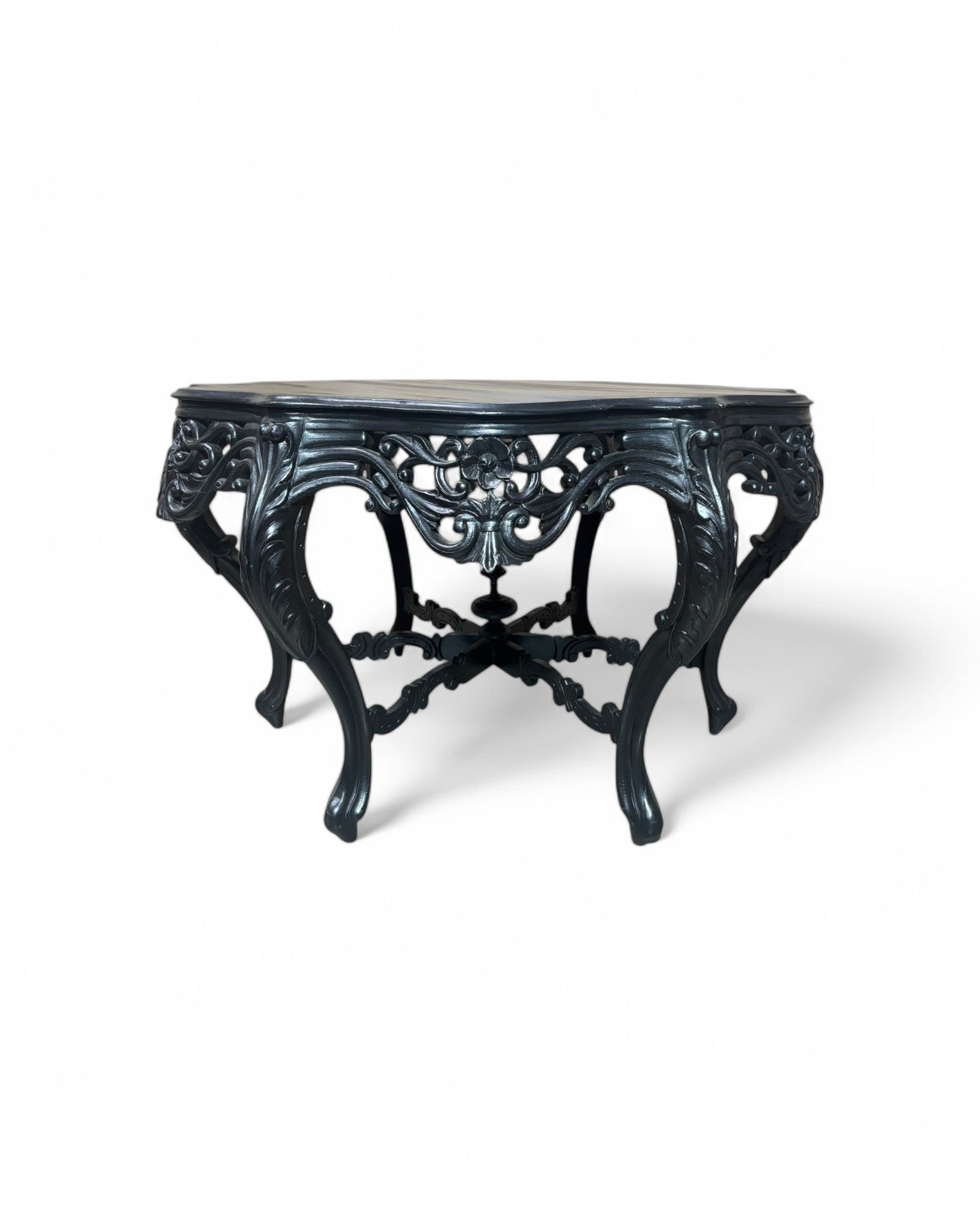 Antique French Rococo Revival Carved Wood Center Table with Ebonized Finish