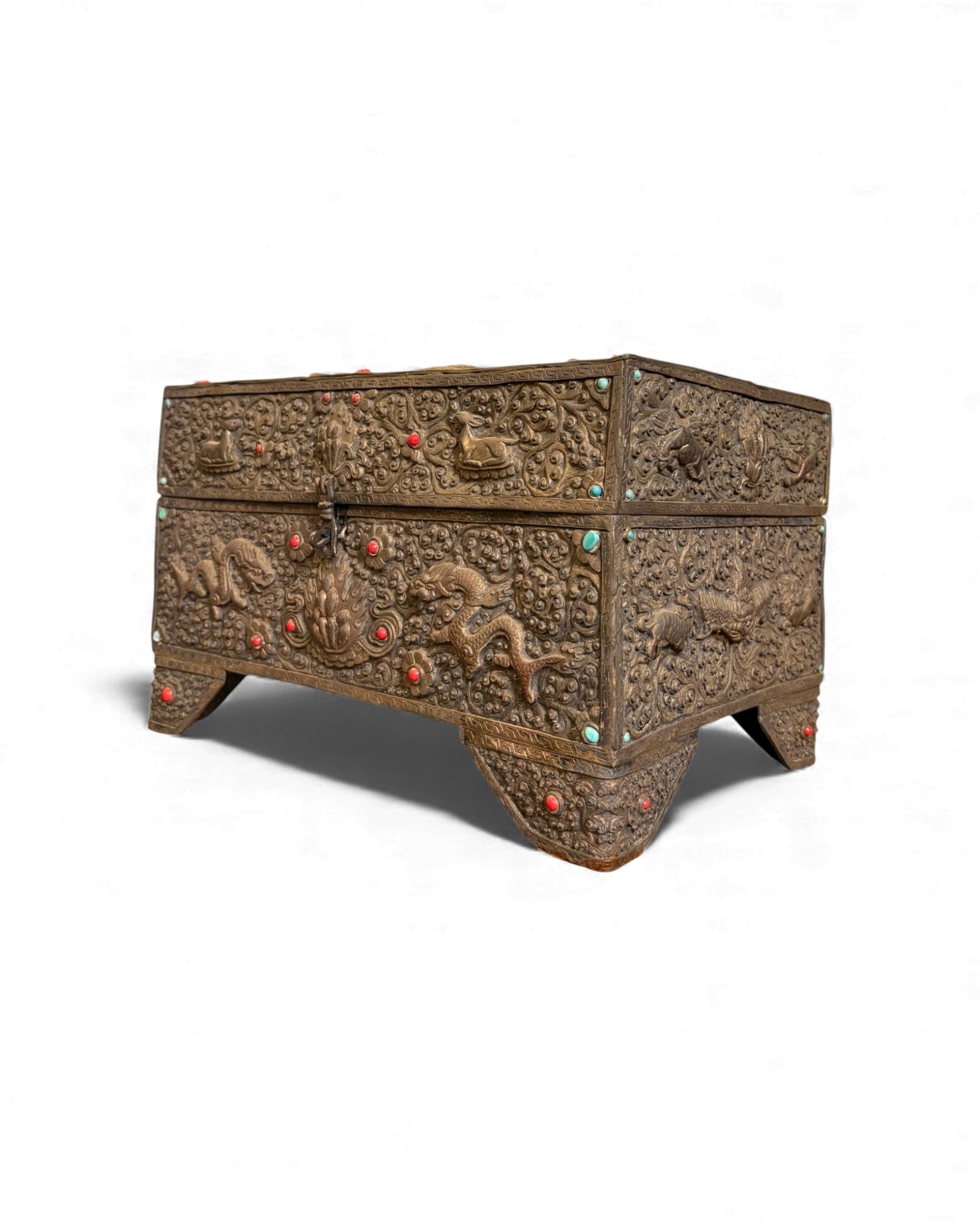 Antique Carved Burmese Chest with Gem Inlays Surround Living - 13