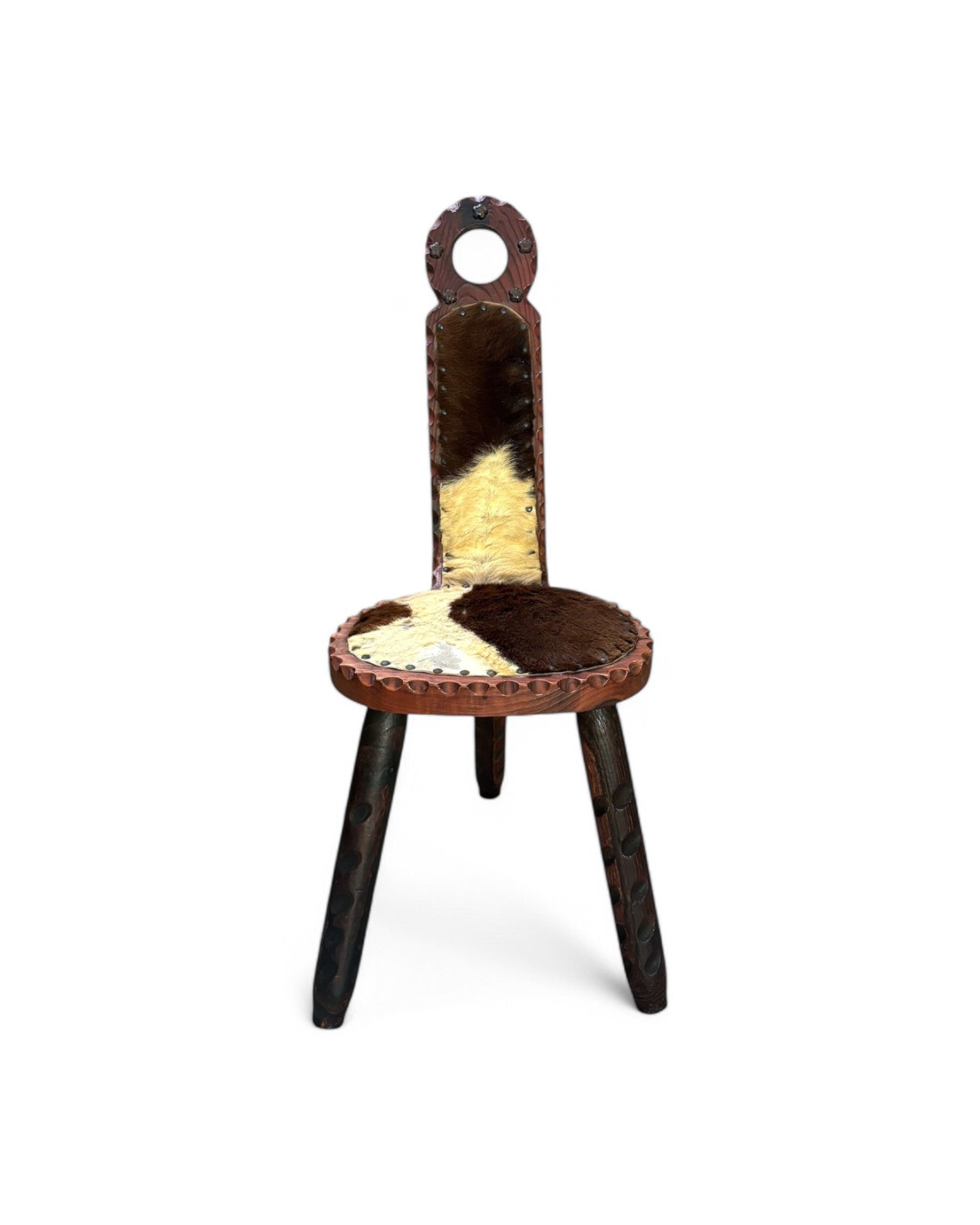Spanish Wooden Carved Cow Hyde Birthing Chair