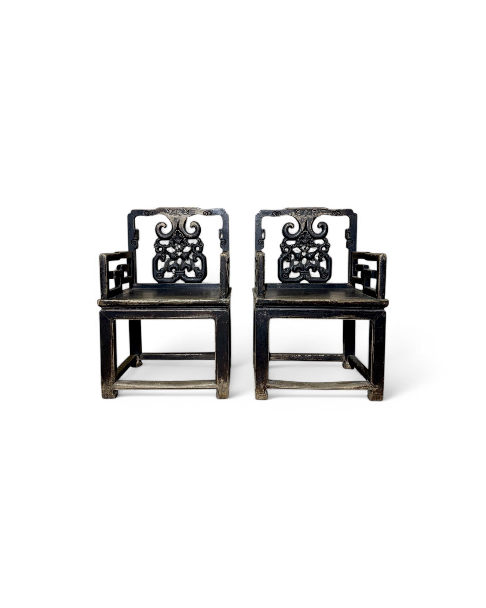 Antique Chinese Cherry Blossom Engraved Tea Chairs - Set of 2