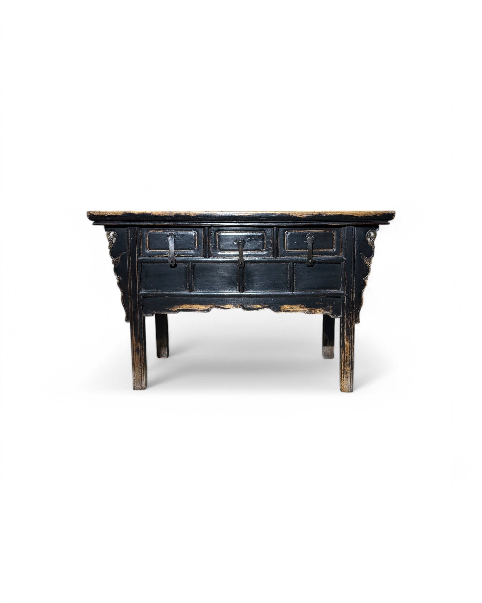 Faded Black Antique Chinese Sideboard with Tri-Drawers