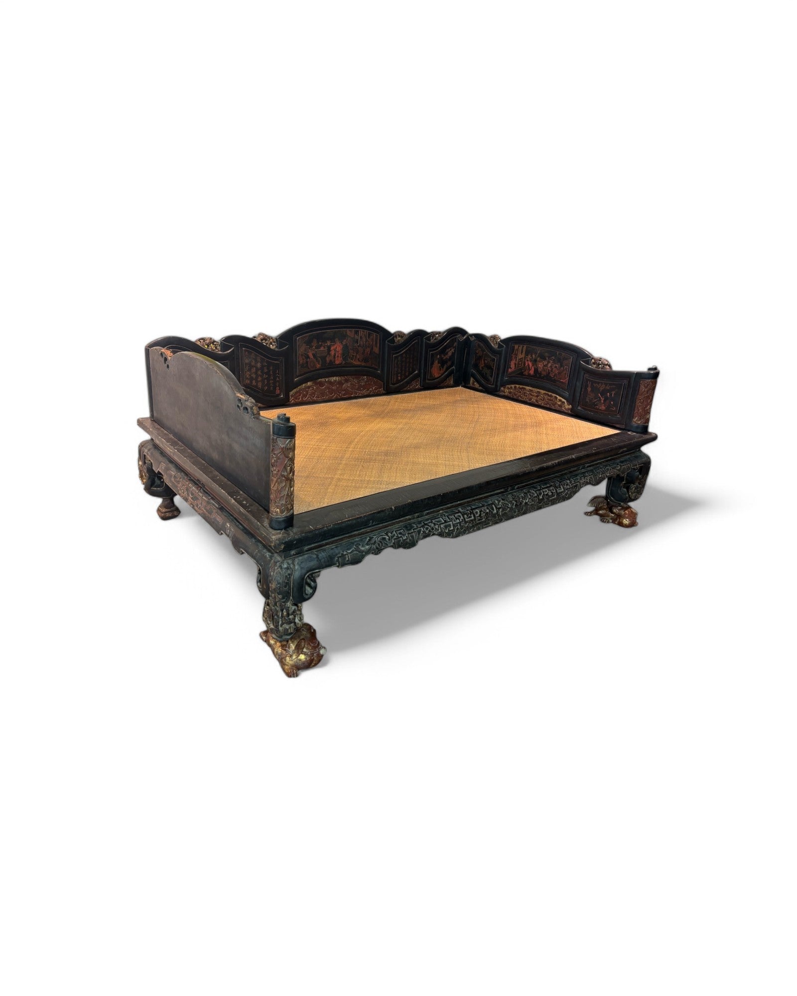 Fujian, Chazhou Black Lacquered Carved Lohan Daybed with Detailed Scenic Paintings