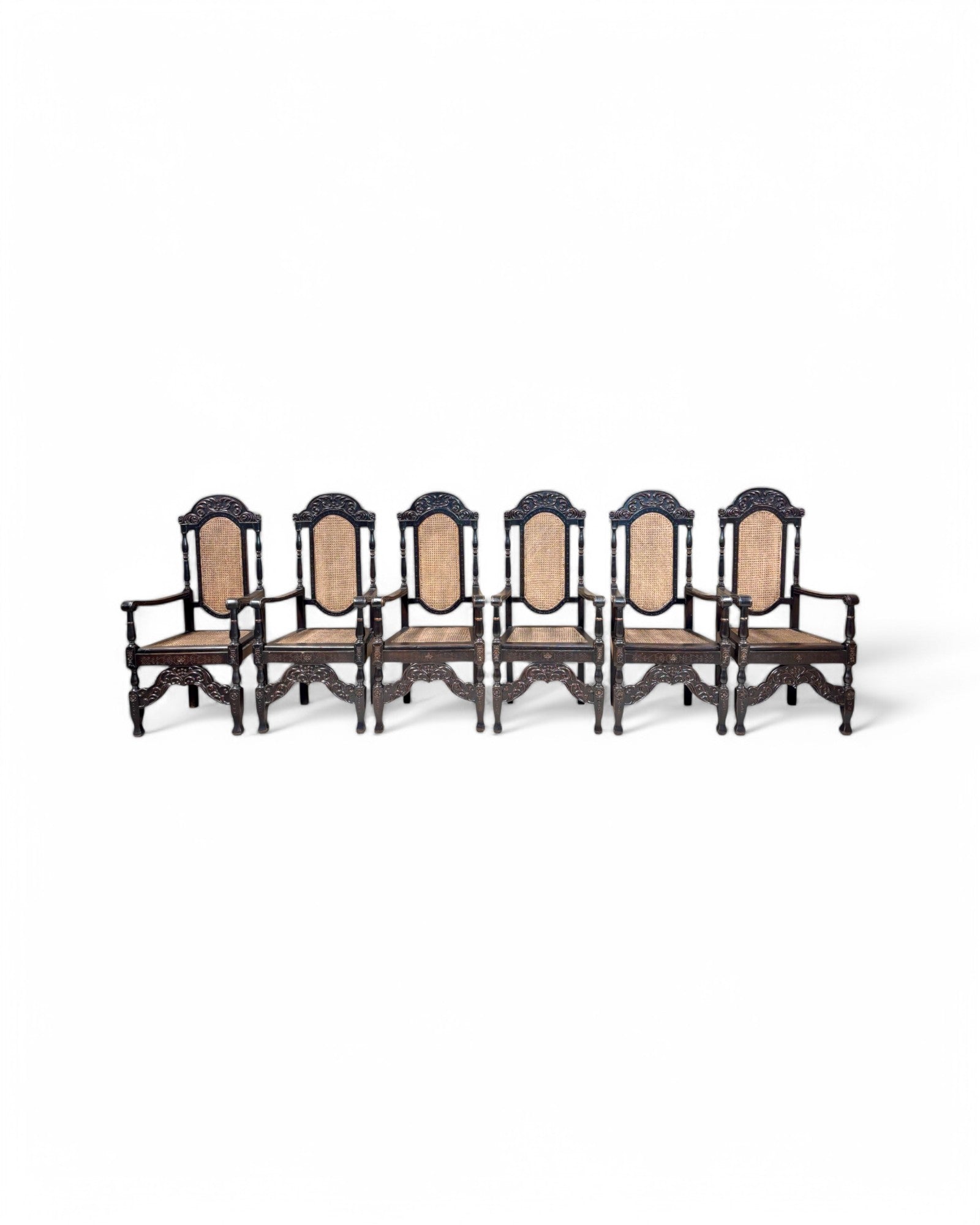 Grand Renaissance Hand Carved Oak & Caned Armchairs - Set of 6