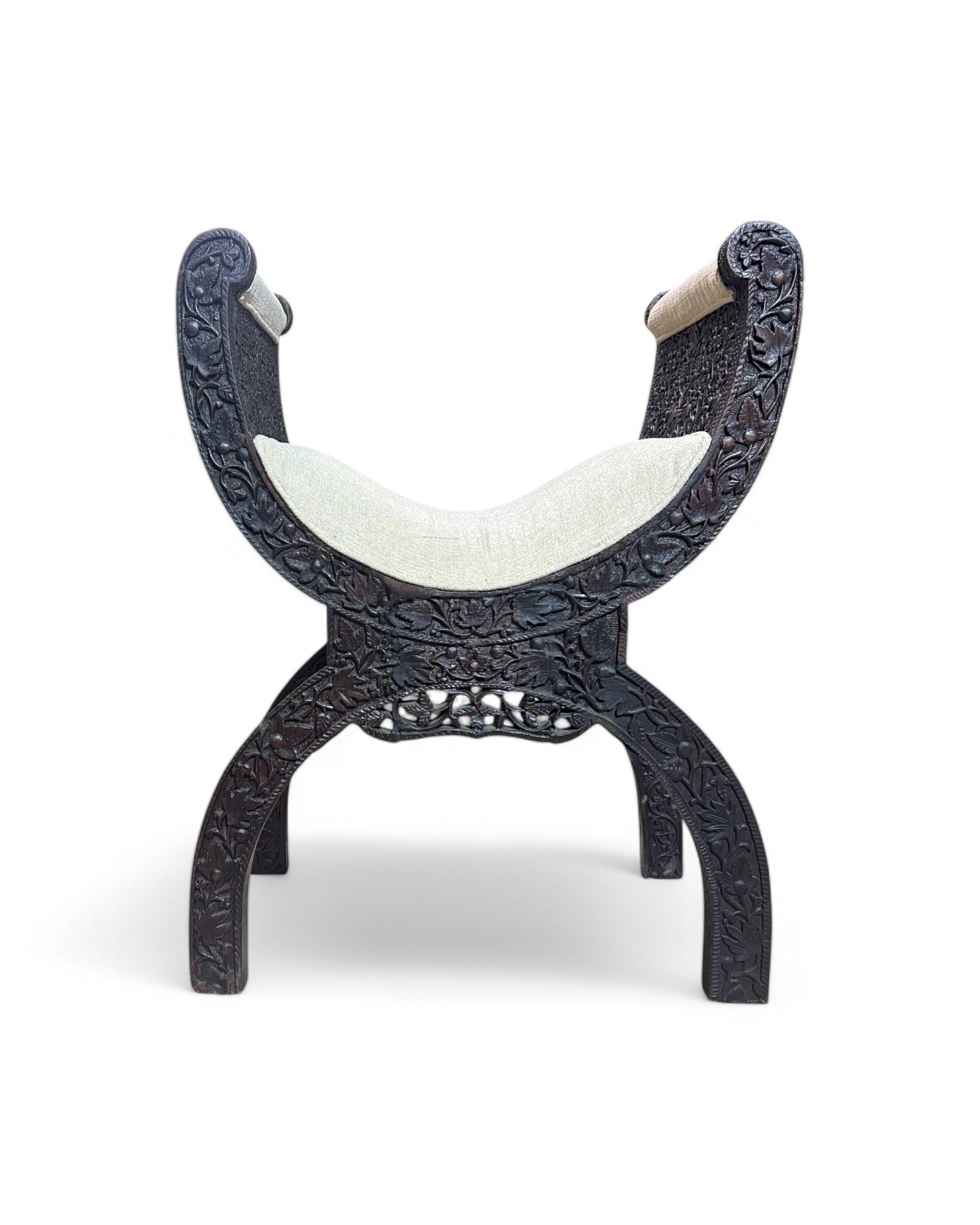 Anglo-Indian Teak Carved Window Seat with Cream Reupholstered Cushioning