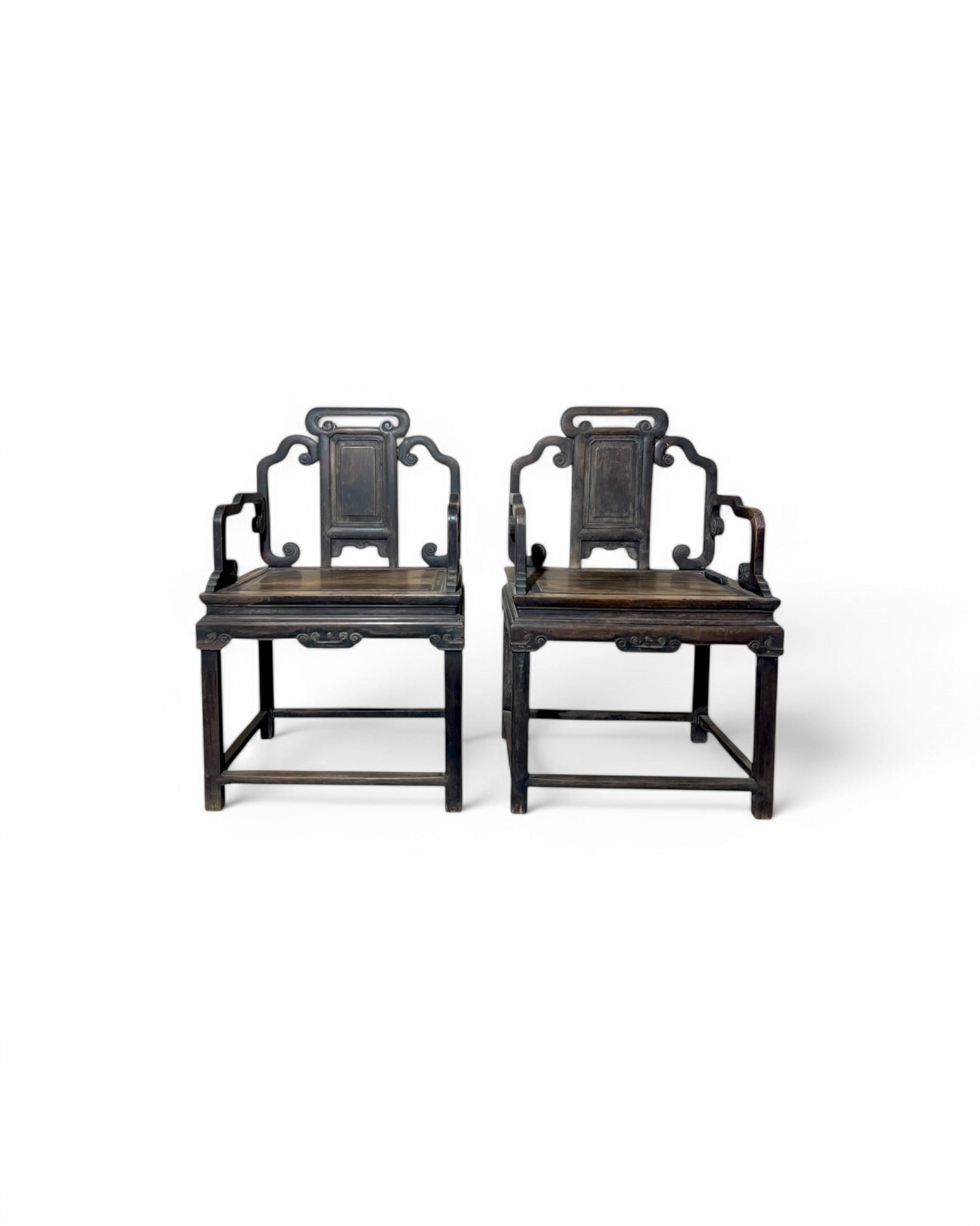 19th Century Rosewood Oriental Curved Chinese Armchairs - Set of 2