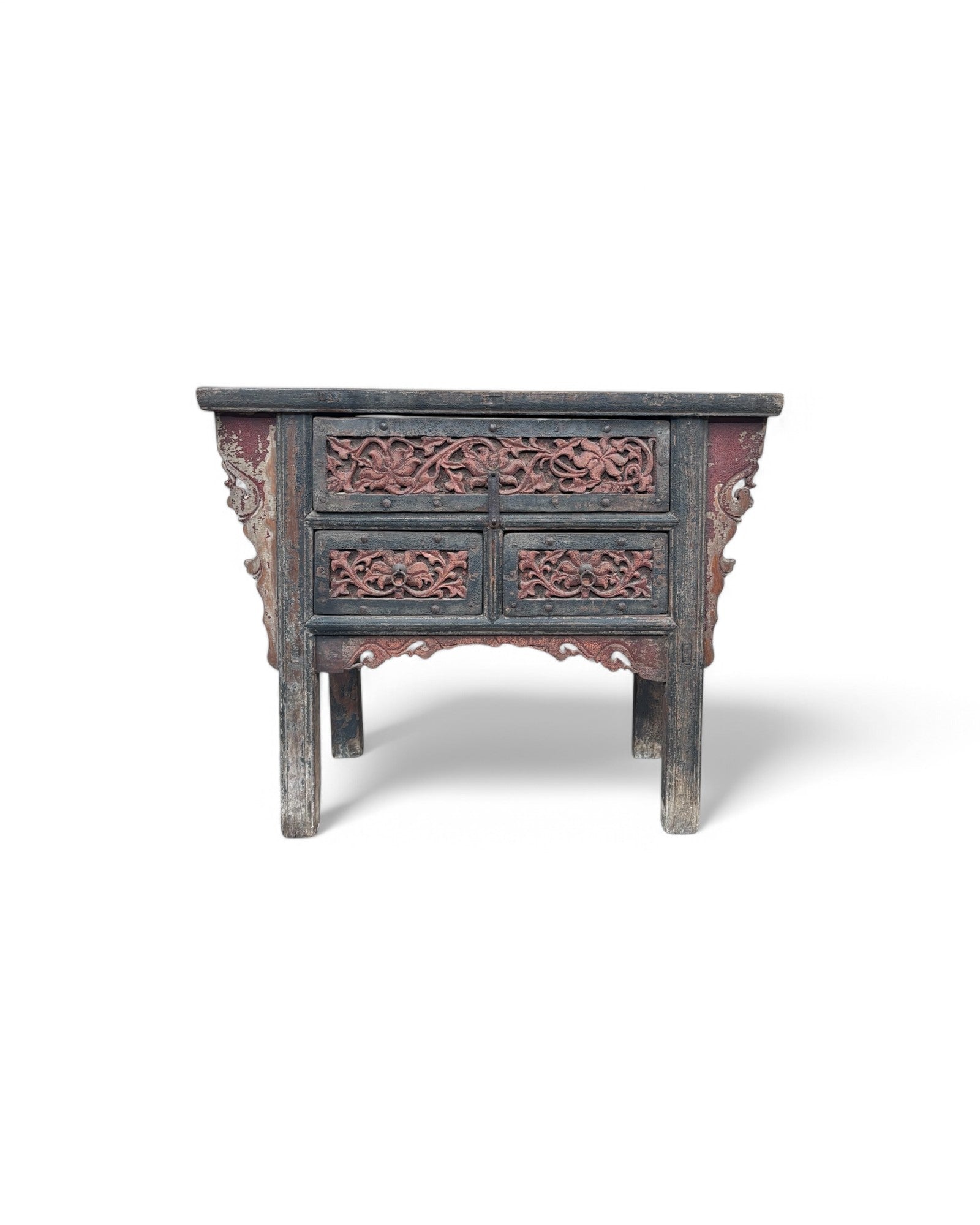Antique Chinese Distressed Maroon & Black Floral Studded Sideboard
