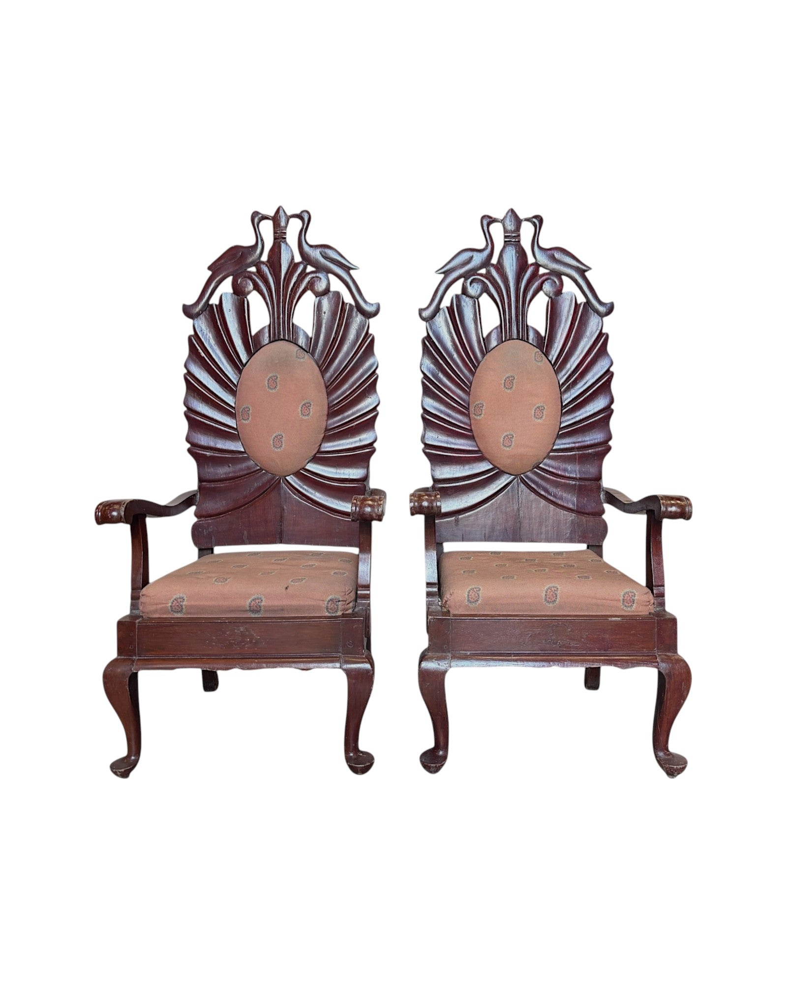 1940 Anglo-Indian Royal Colonial Peacock High Back Armchairs - Set of 2