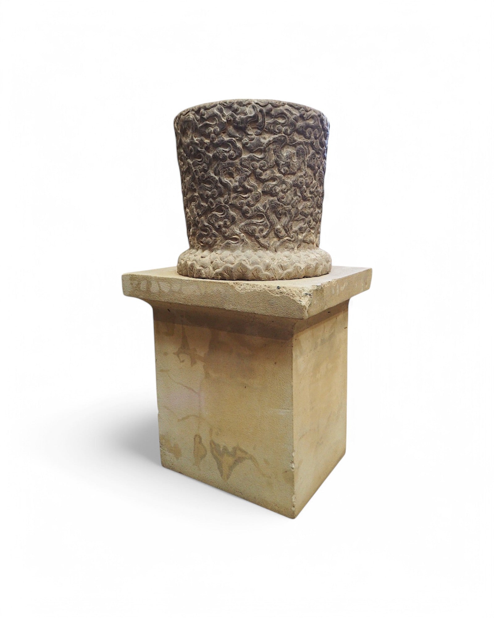 Cylindrical Chinese Limestone Carved Planters - Set of 2