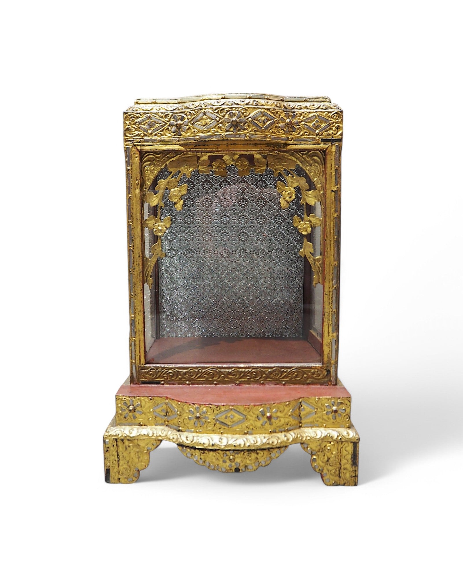 Antique Burmese Wooden Buddha Shrine with Silver Backdrop