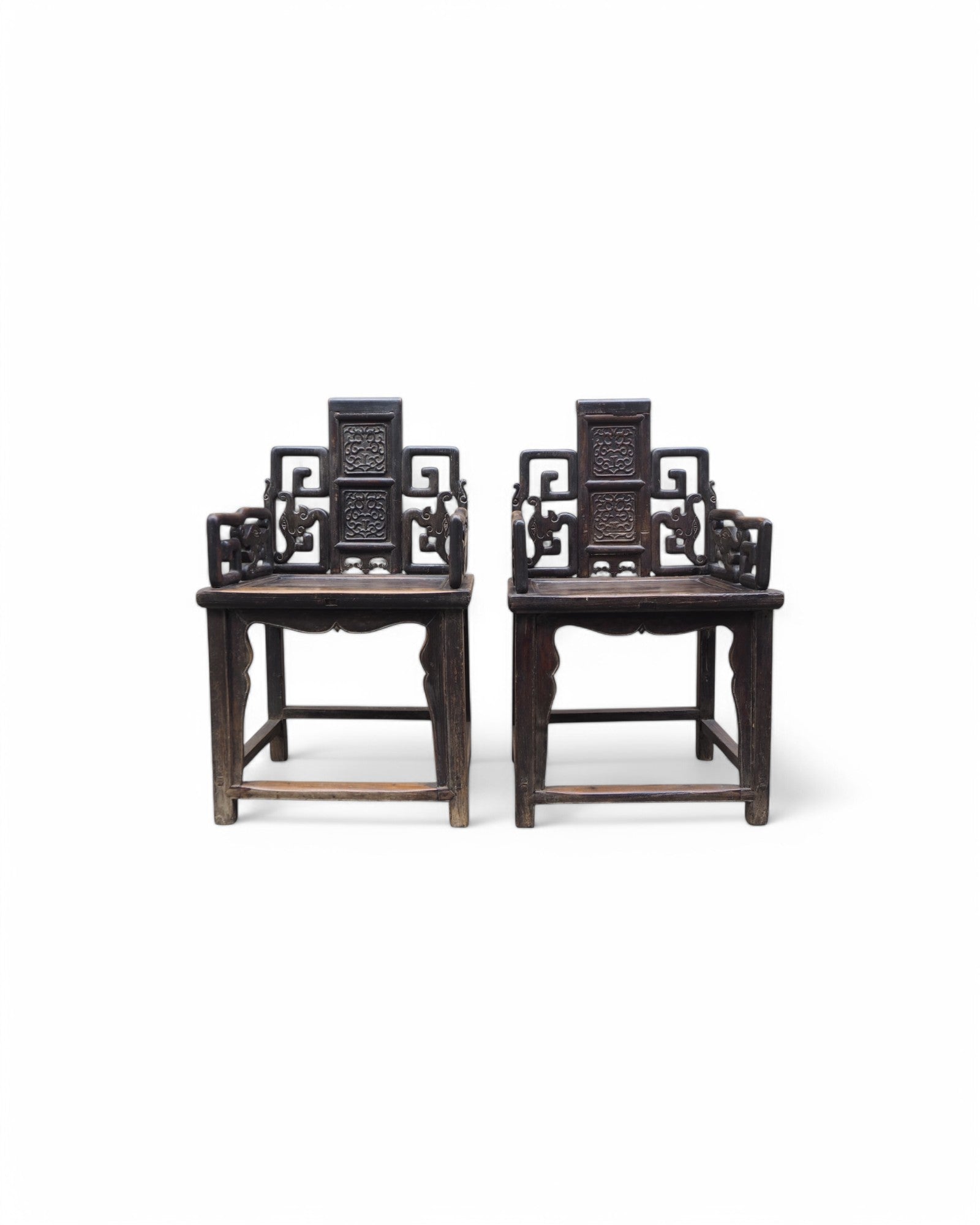 Mid Qing Dynasty Black Elm Lacquered Zhuo Vine Armchairs - Set of 2