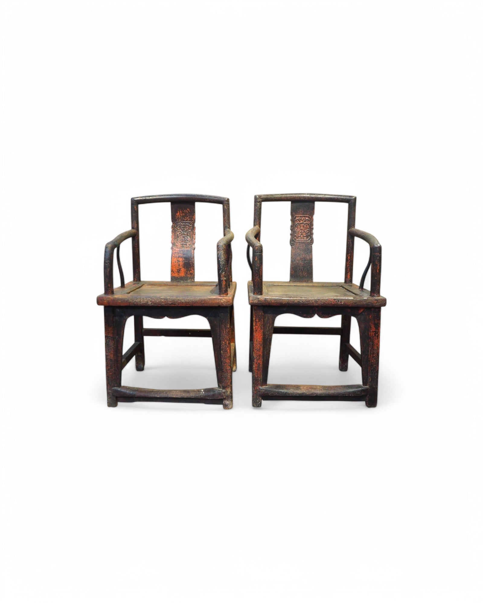 Red Mid Qing Burned Elm Carved Middle Qing Armchairs - Set of 2